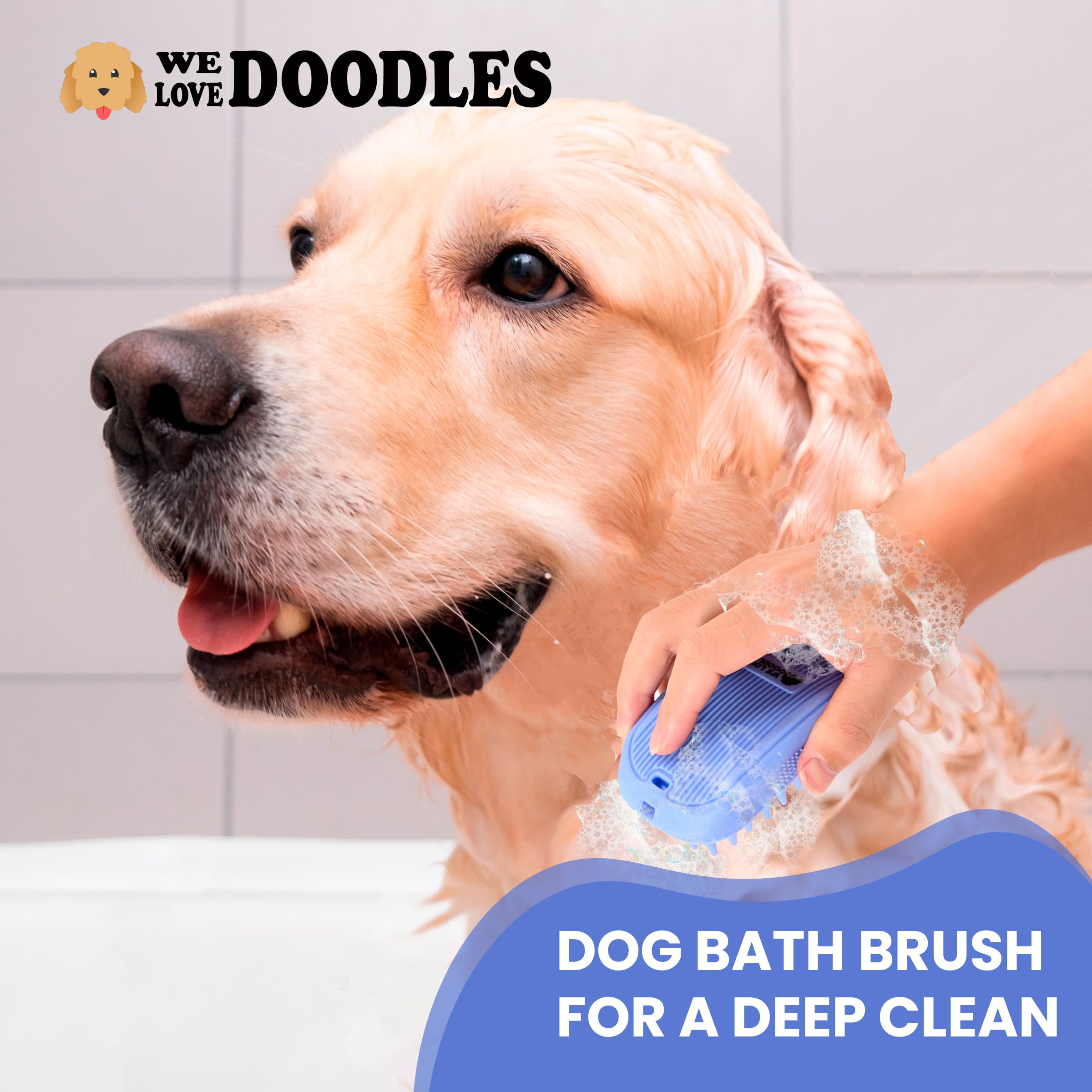 We Love Doodles cepillo baño para mascotas, diseño ergonómico para un agarre cómodo.