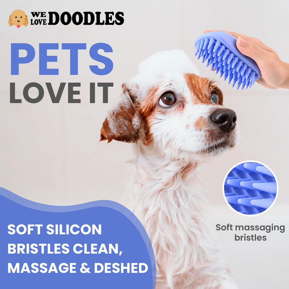 We Love Doodles cepillo baño para mascotas, durable y reutilizable para uso regular.