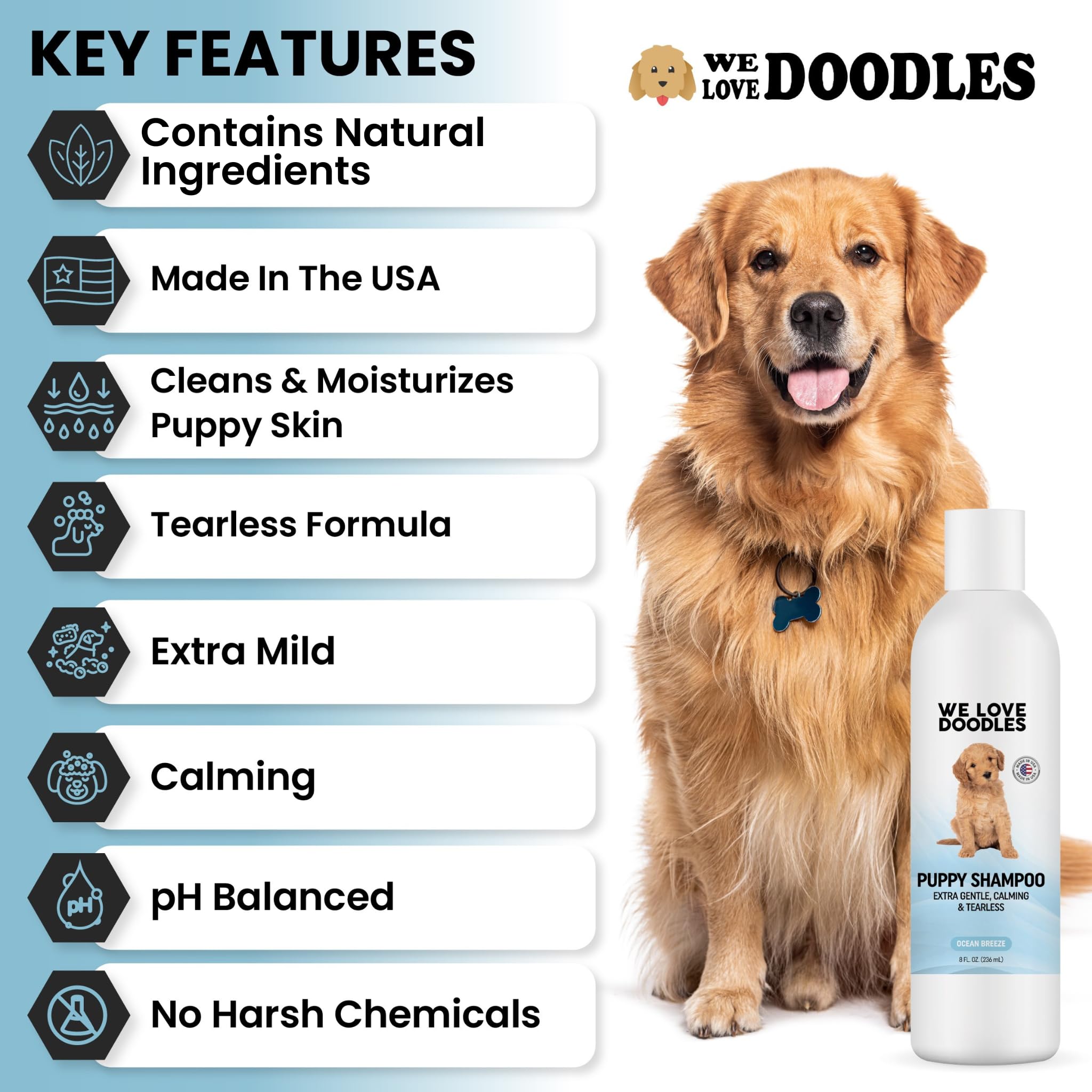We Love Doodles champú para cachorros, ingredientes de avena, cuidado calmante para piel sensible.