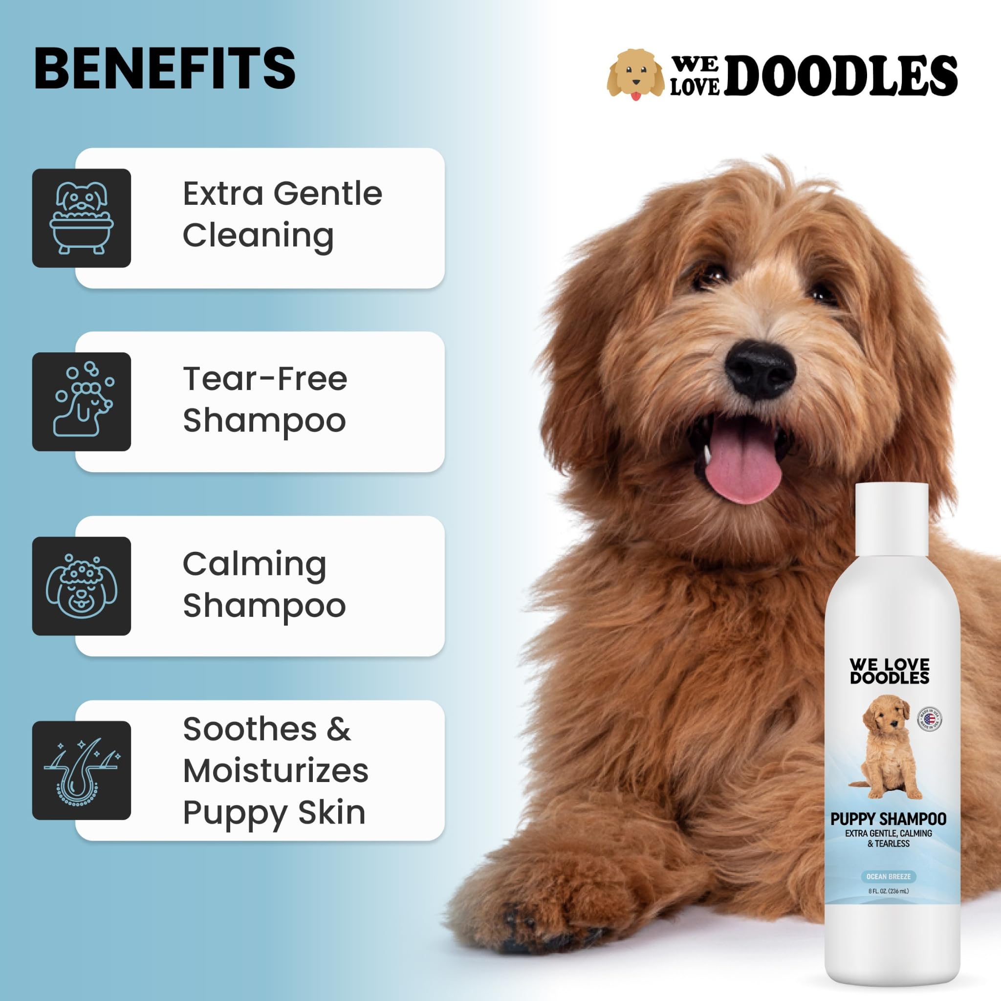 We Love Doodles champú, sin lágrimas, baño cómodo para cachorros curiosos.