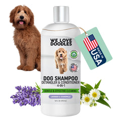 We Love Doodles champú 4 en 1 para perros, limpieza y desenredado suave.