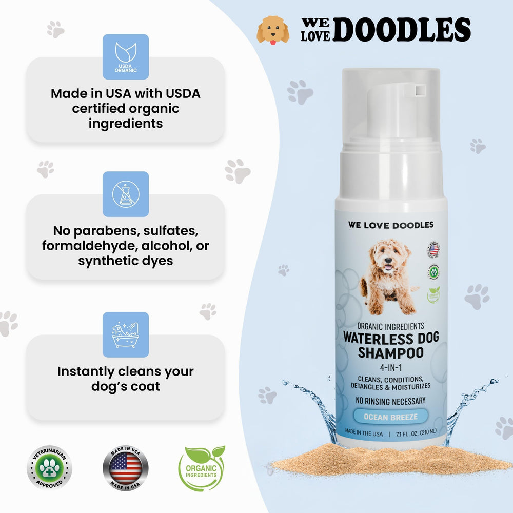 We Love Doodles champú seco para perros, aplicación en mano para uso rápido