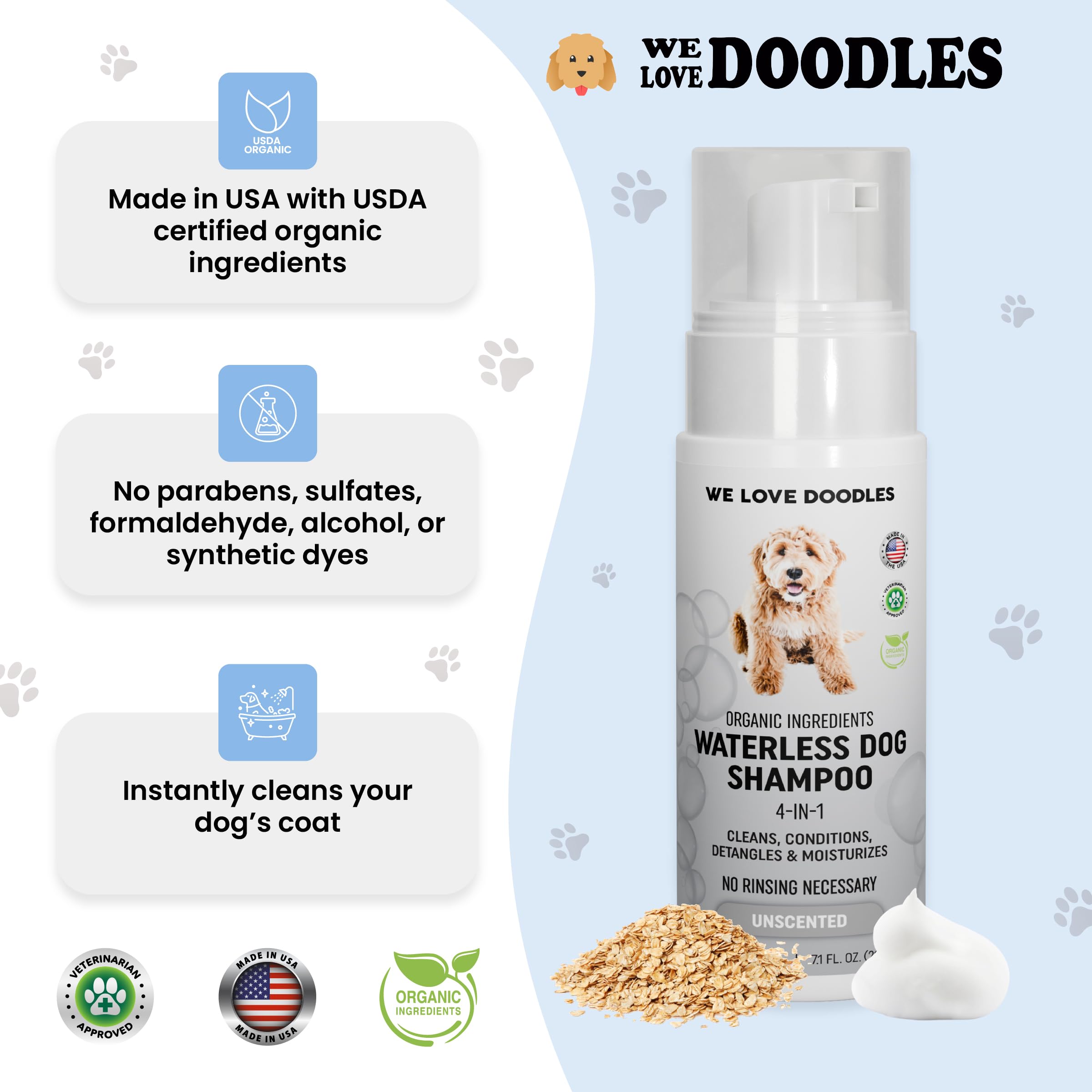 Aplicación rápida con We Love Doodles champú seco para perros