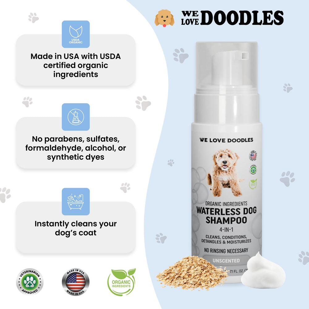 Aplicación rápida con We Love Doodles champú seco para perros