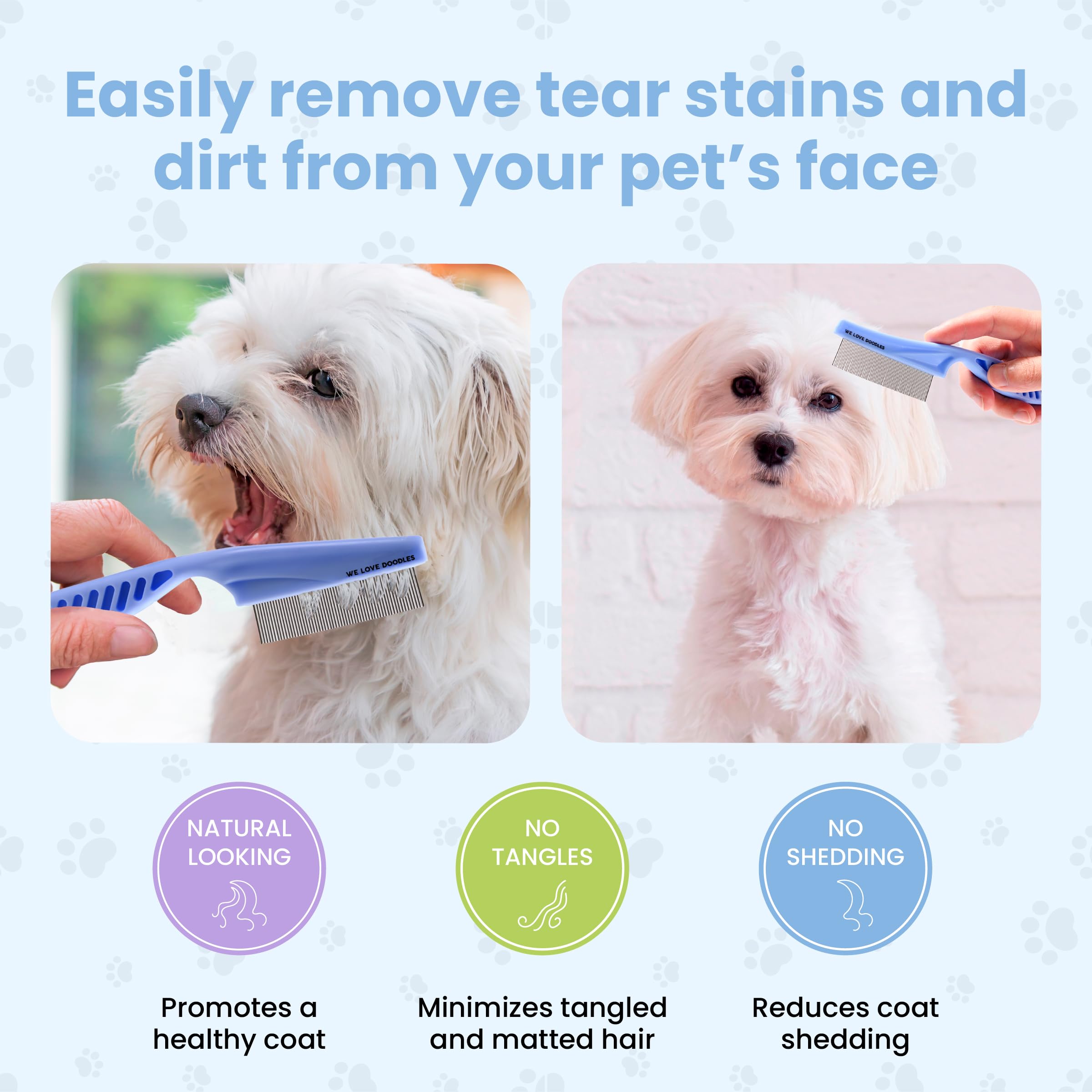 We Love Doodles eliminación de manchas faciales en perros con herramienta de grooming