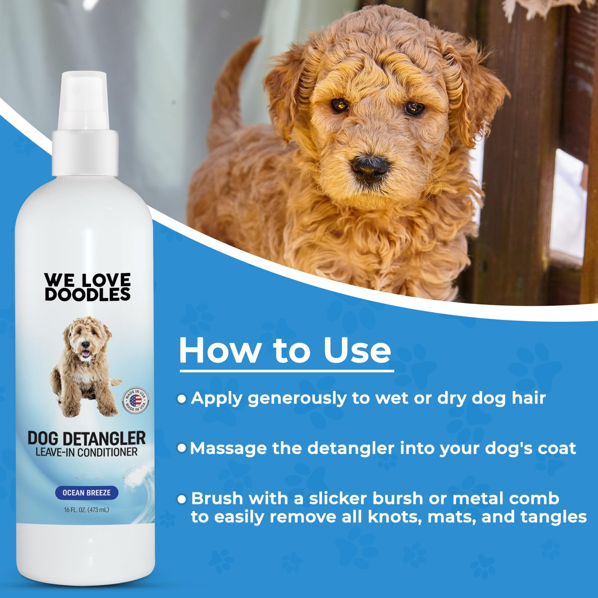 We Love Doodles Aerosol Desenredante, etiqueta hecha en Estados Unidos, producto de confianza.