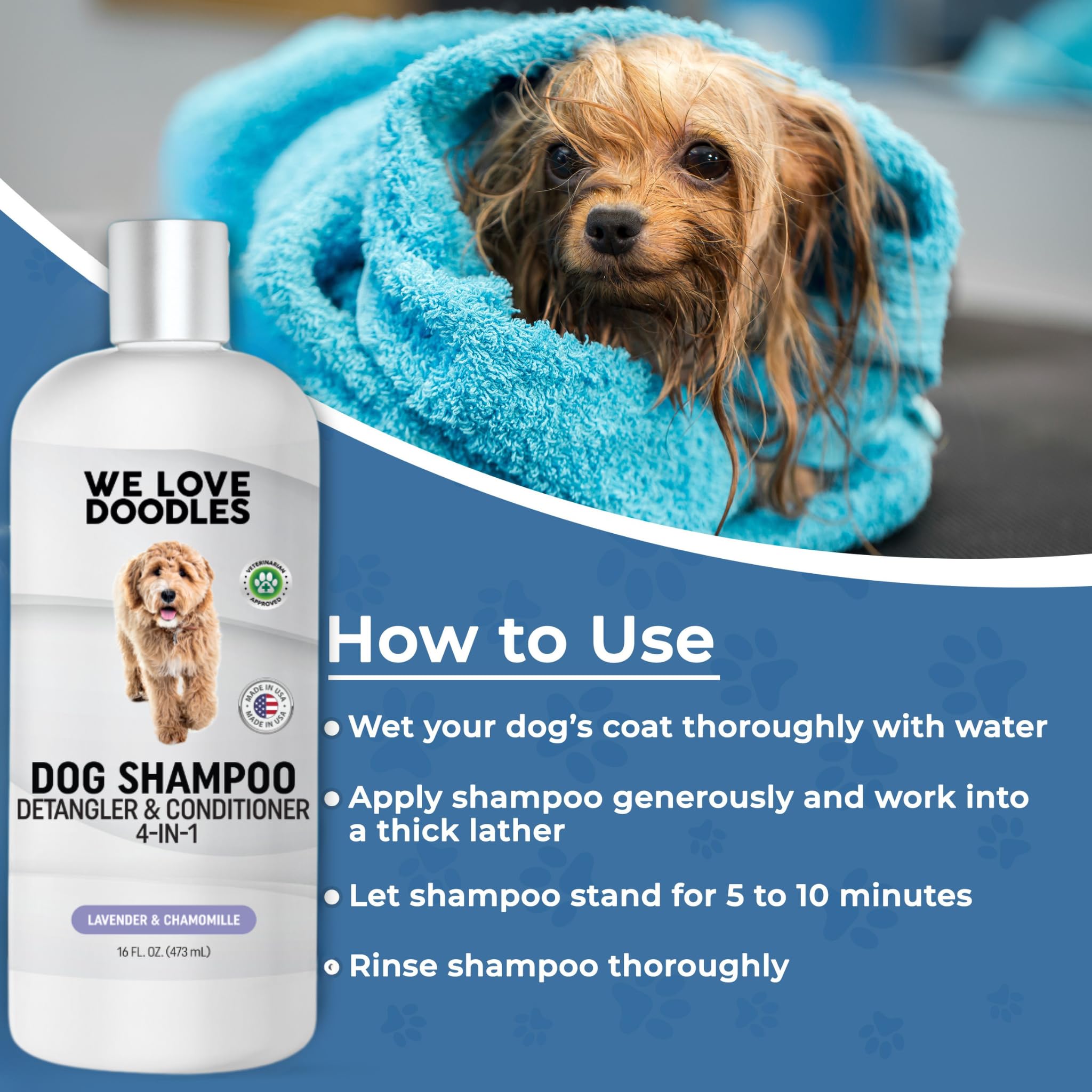 We Love Doodles lavanda en botella, aroma suave durante el baño.