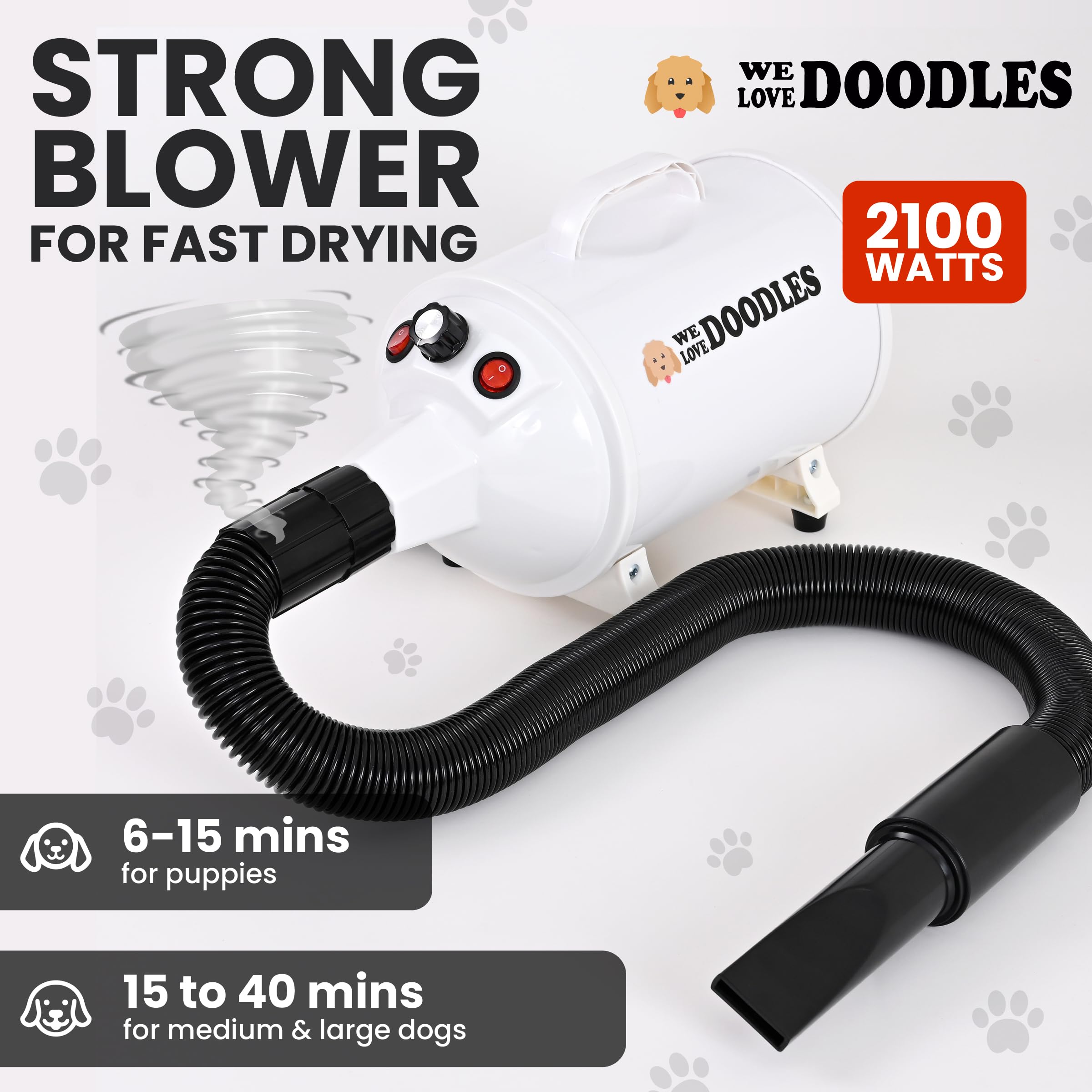 We Love Doodles secador para perros de bajo ruido para mascotas sensibles.