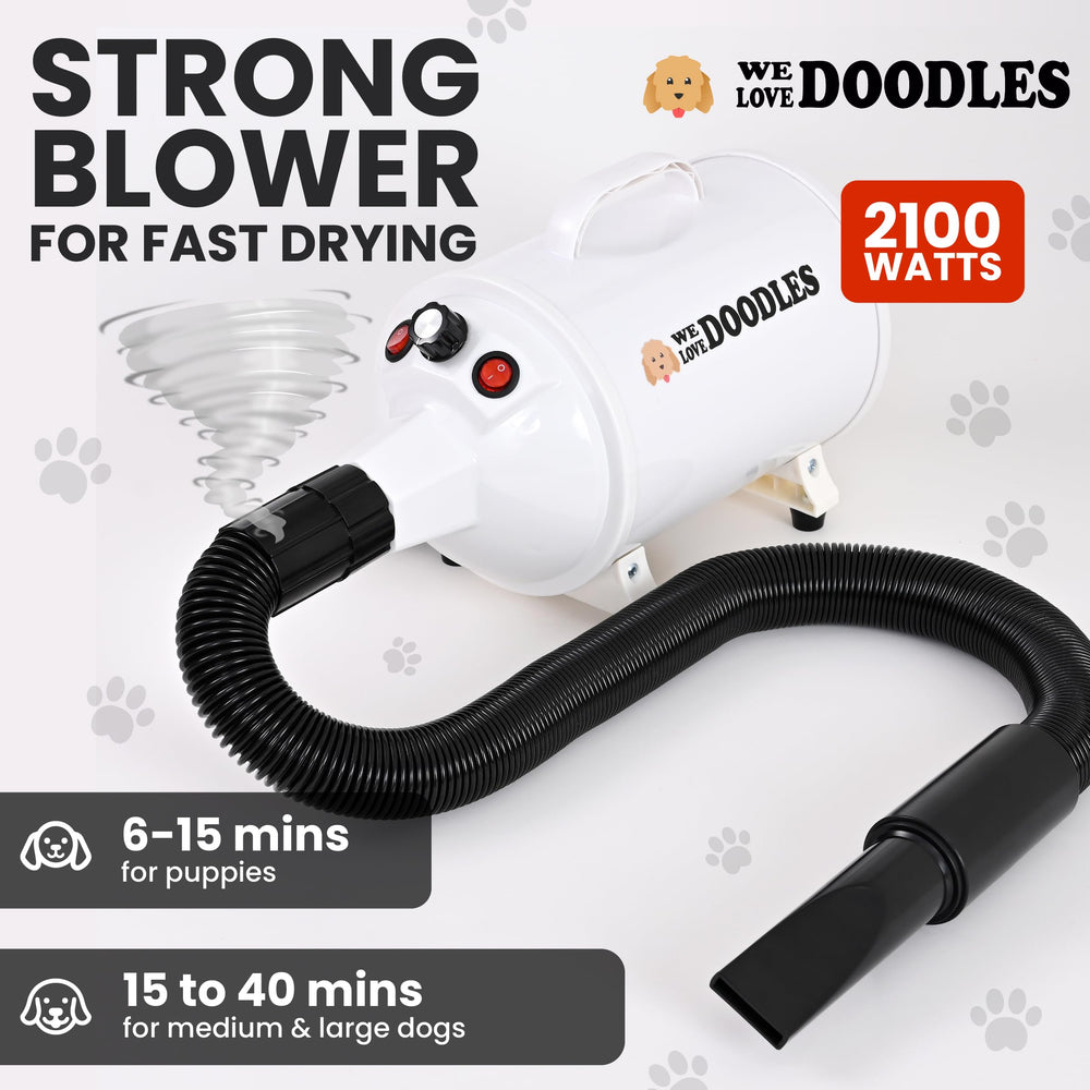 We Love Doodles secador para perros de bajo ruido para mascotas sensibles.