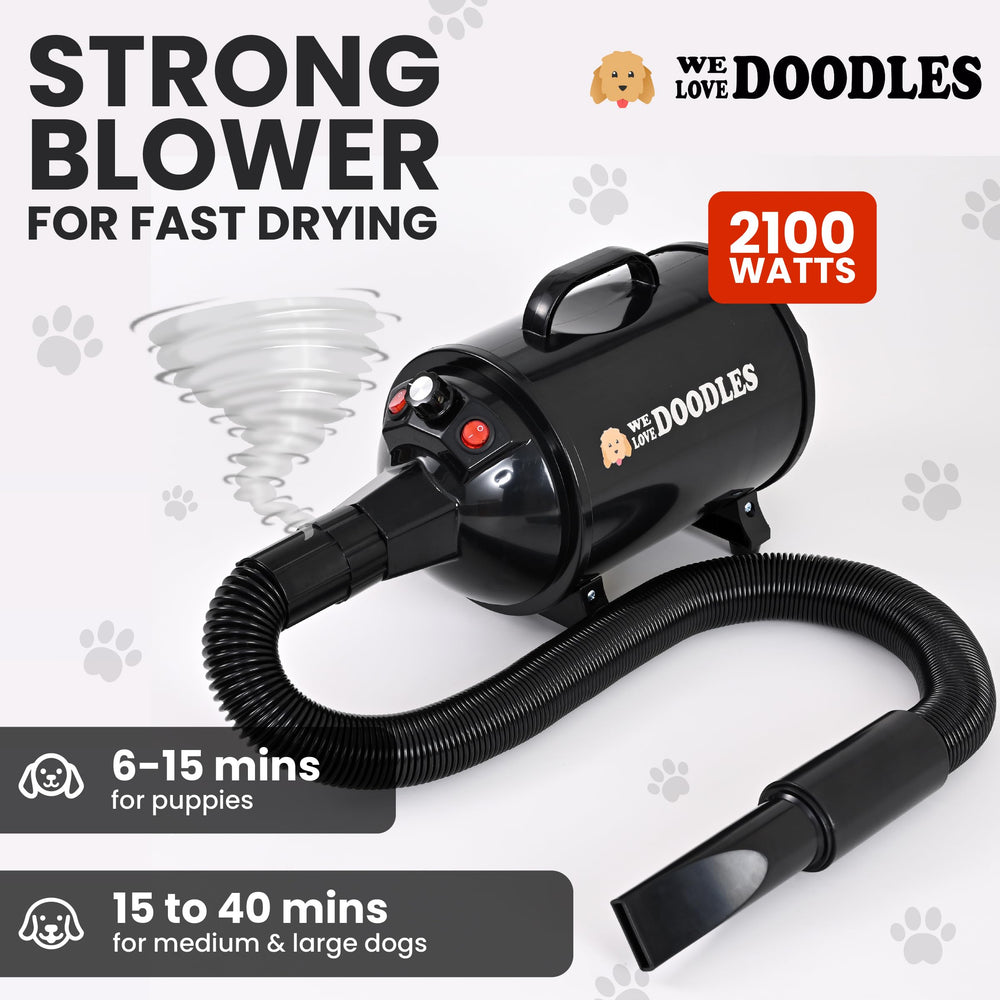 We Love Doodles secador de perros con diseño silencioso para mascotas sensibles.