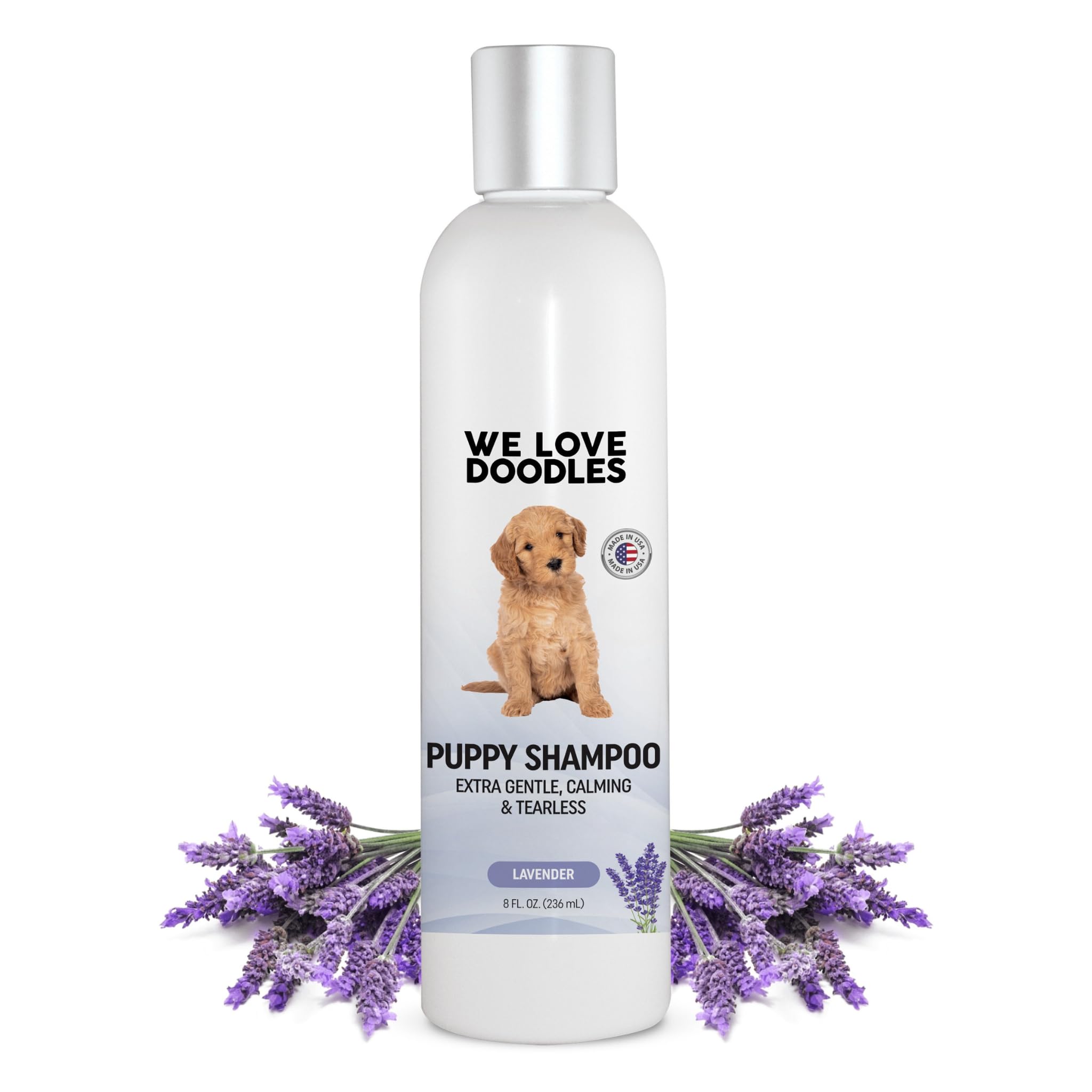 We Love Doodles Puppy Shampoo botella frontal con lavanda suave para relajación durante el baño