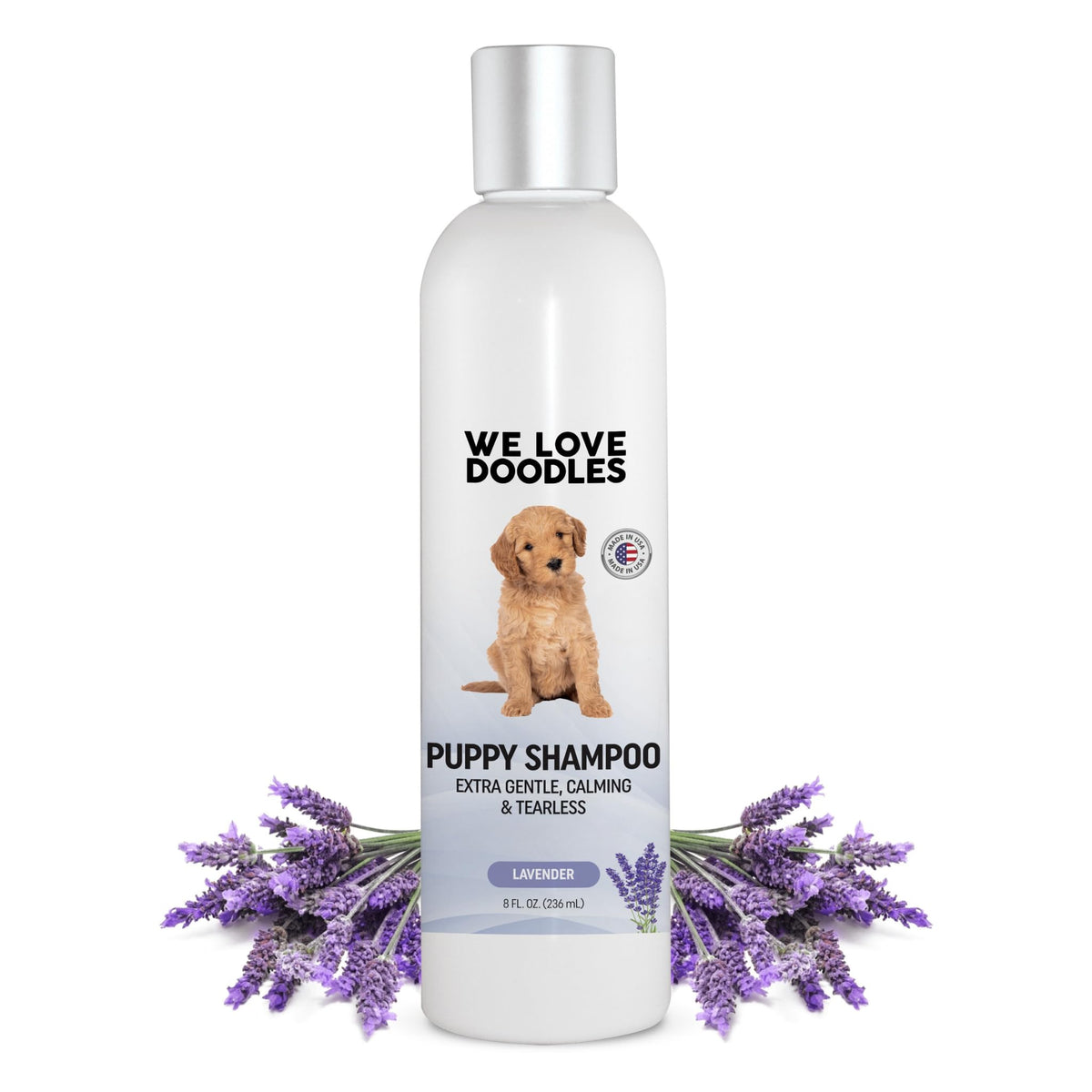 We Love Doodles Puppy Shampoo botella frontal con lavanda suave para relajación durante el baño