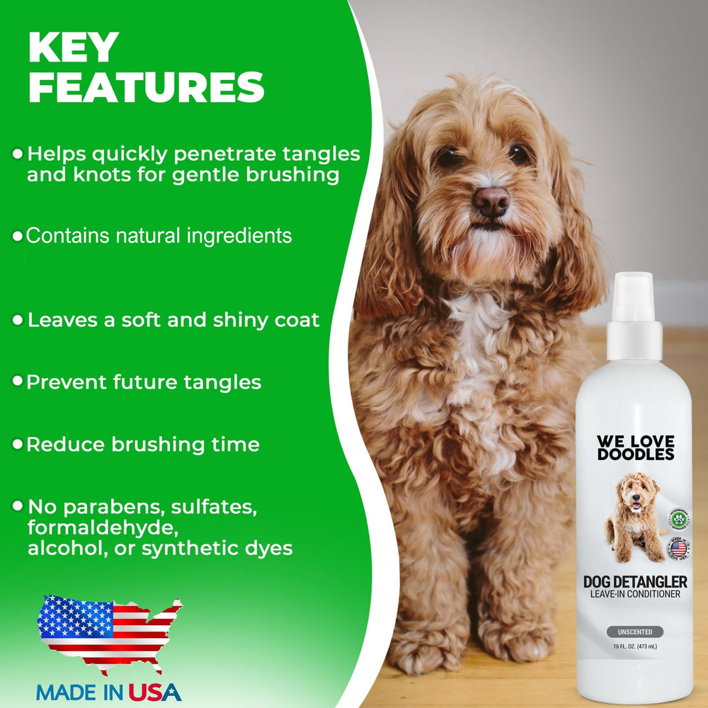 We Love Doodles spray desenredante aplicado en el pelaje para suavidad.