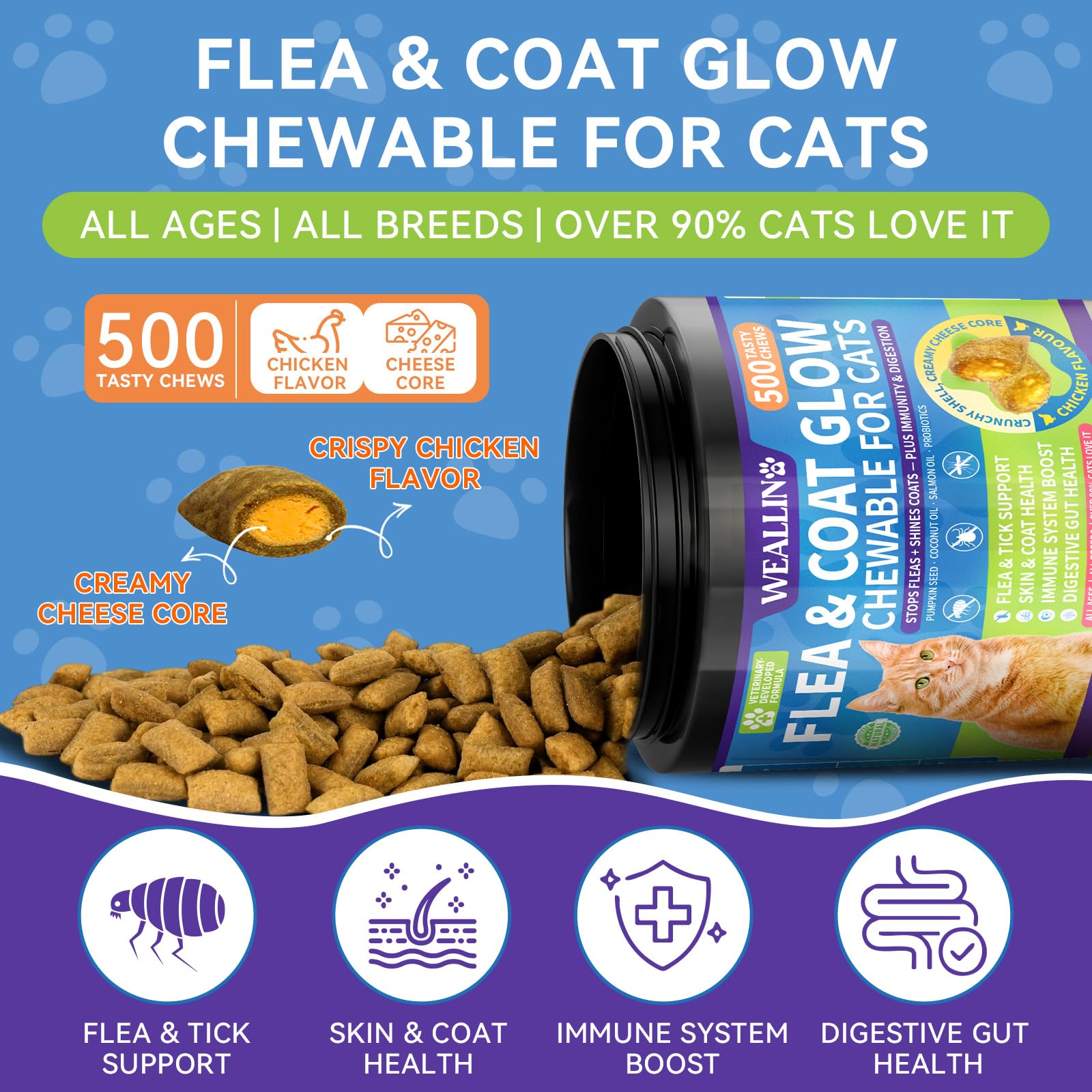 WEALLIN para gatos, chews crujientes sabor pollo, snack diario para toma fácil