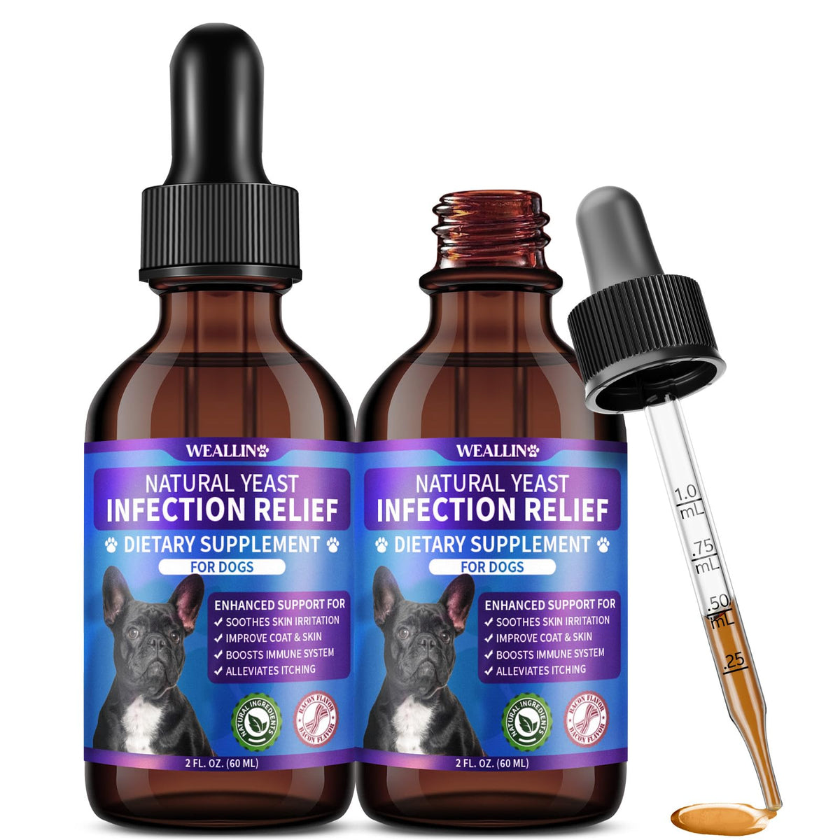 WEALLIN Gotas probióticas para perros: empaque visible y uso diario.