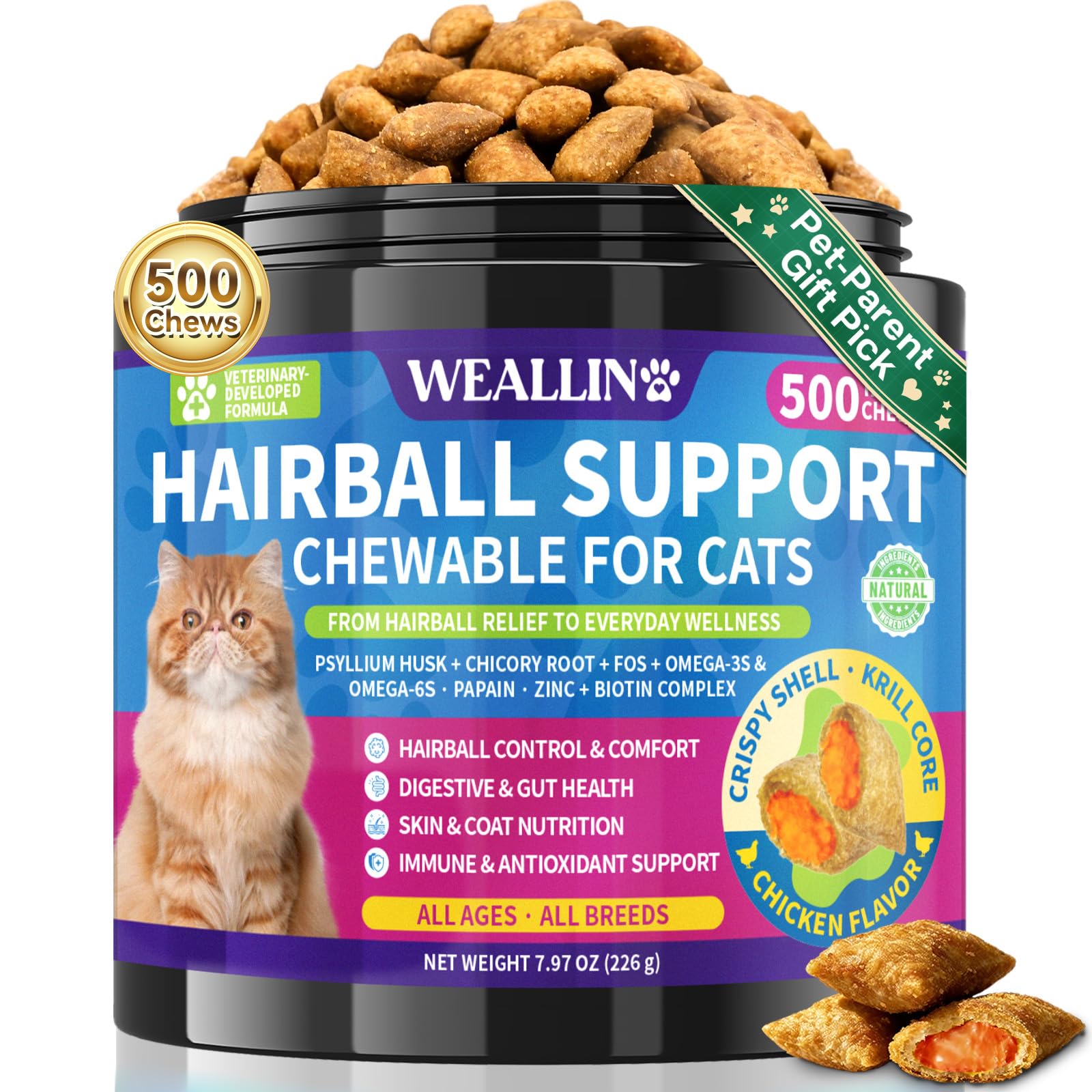 WEALLIN pote-golosinas pelo-gato-krill: snack crujiente para apoyar el pelaje y la digestión.