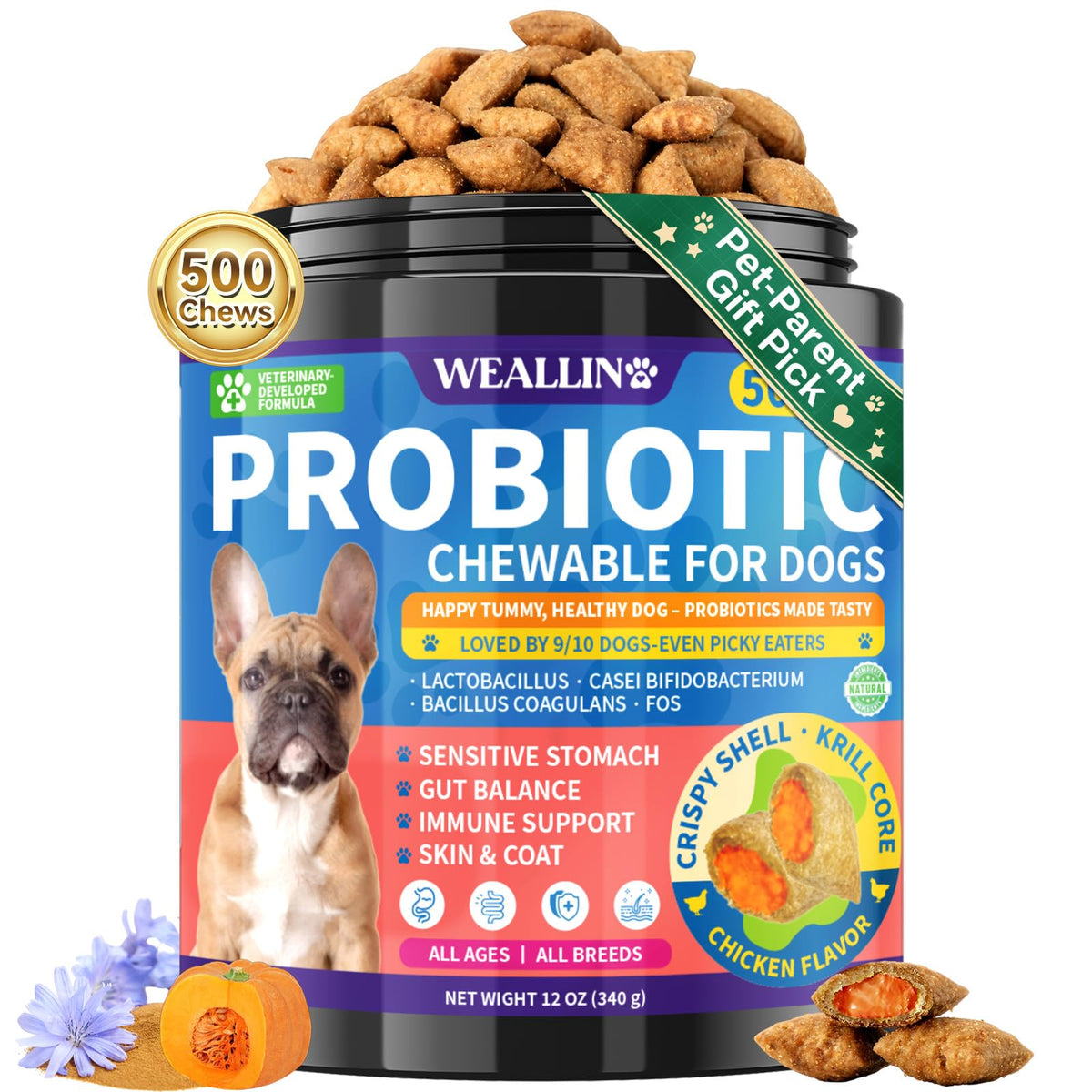 WEALLIN probióticos para perros con concha crujiente y sabor a pollo.