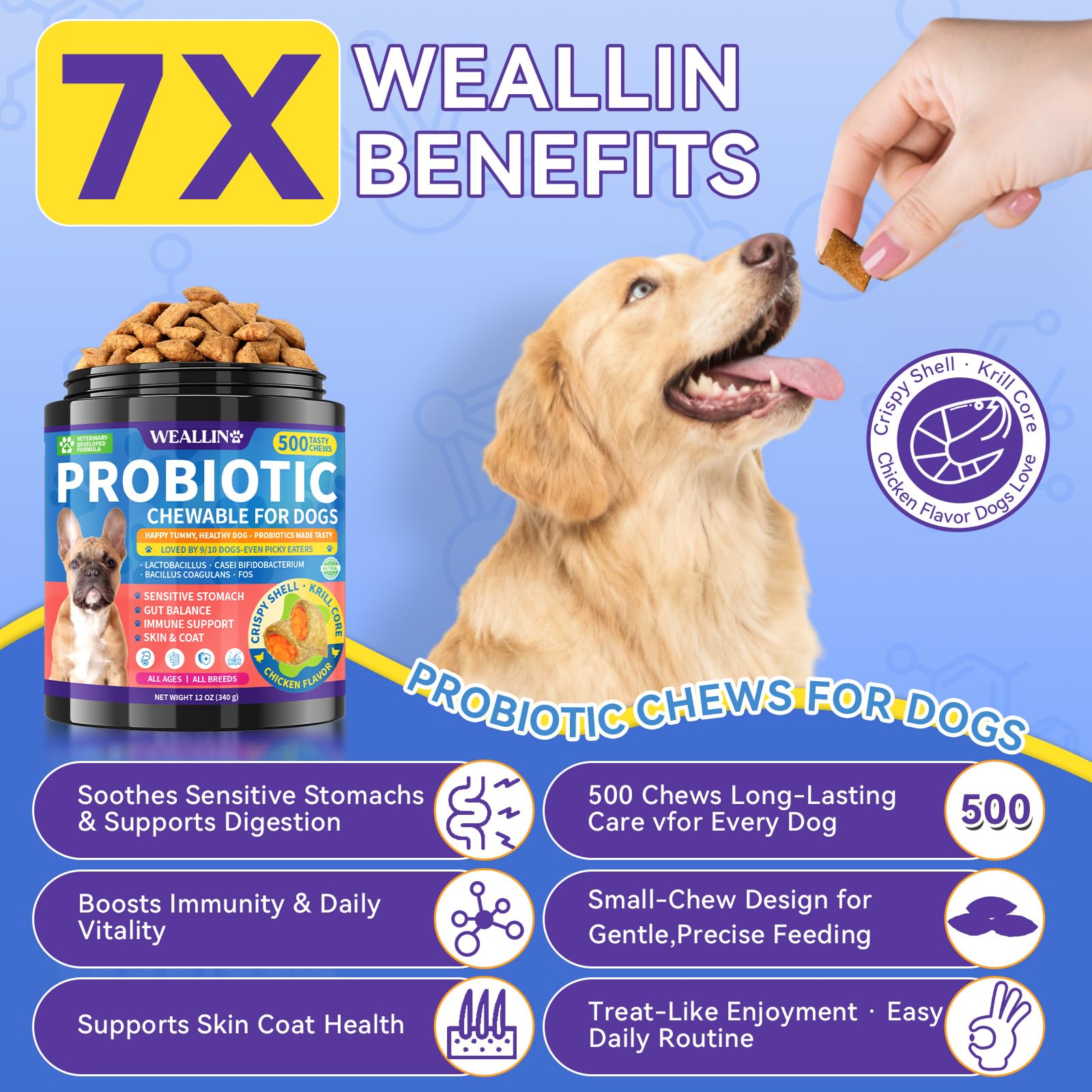 WEALLIN probióticos para perros con núcleo de krill para digestión diaria.