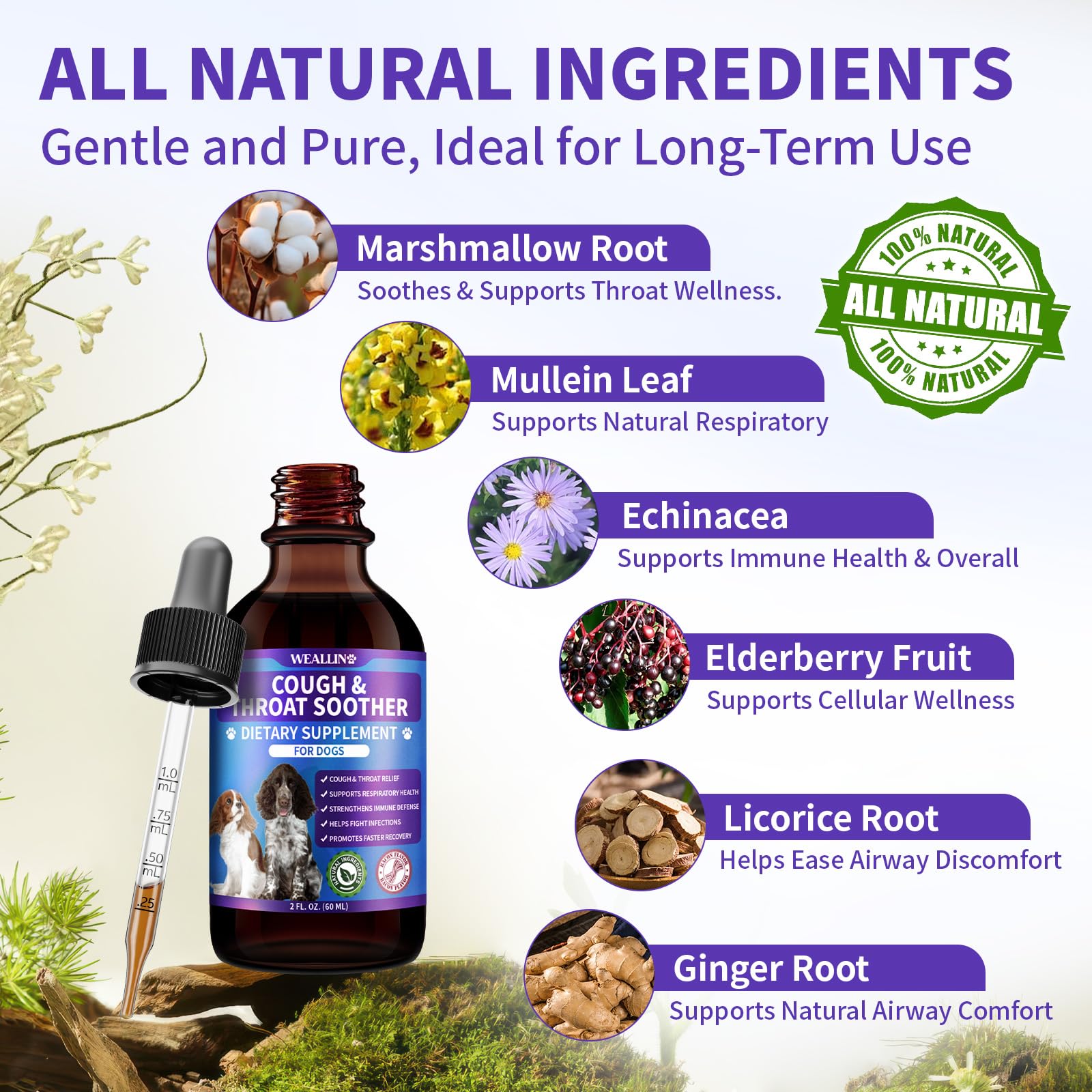 WEALLIN Tos para perros, mezcla-hierbas-naturales: ingredientes naturales para confort respiratorio.
