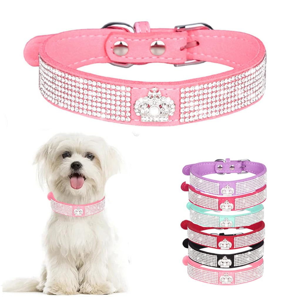 Collar WeimoMonkey rosa con diamantes para perro, brillo elegante en paseos diarios.
