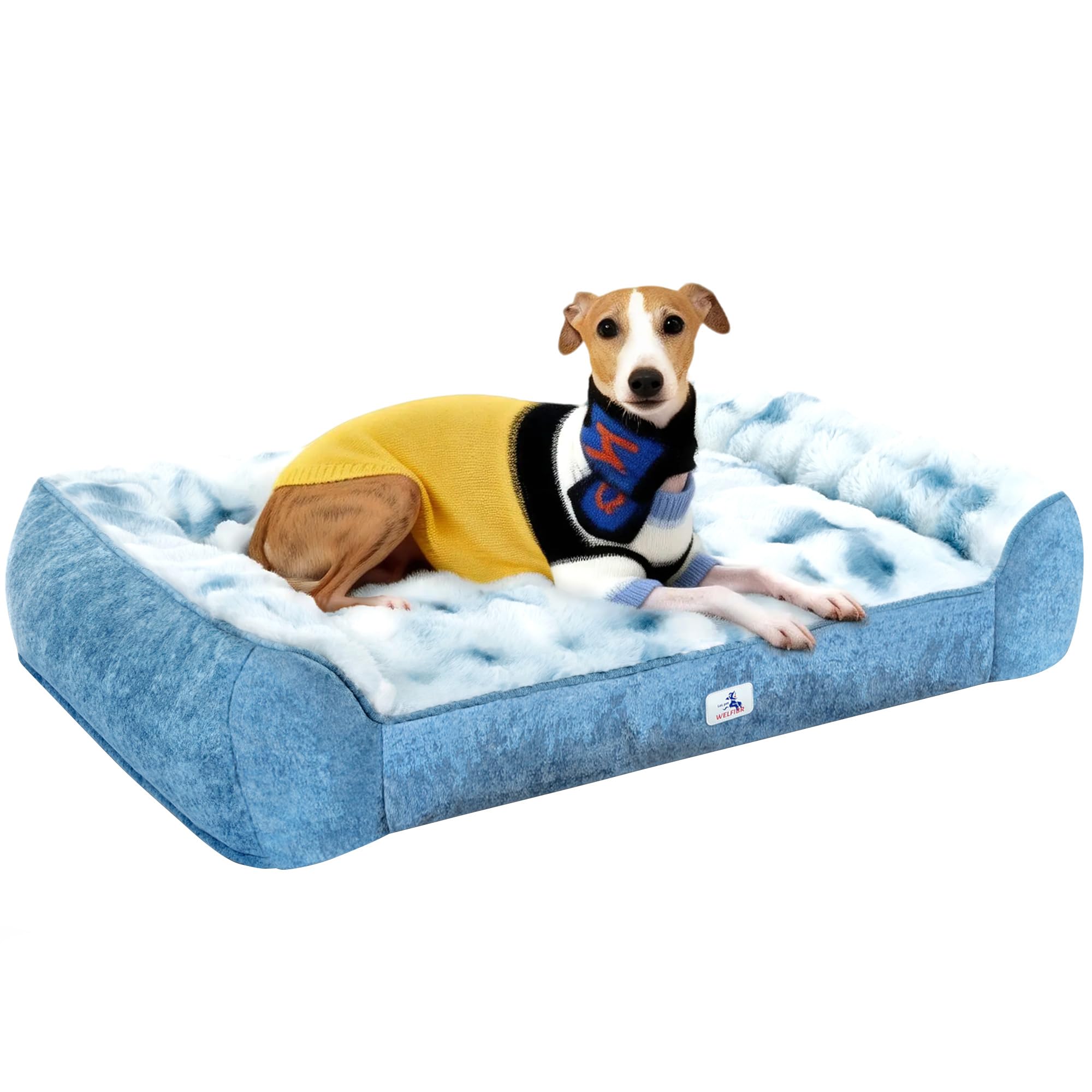 Cama Welfibr XL azul con pelaje esponjoso para descanso cómodo.
