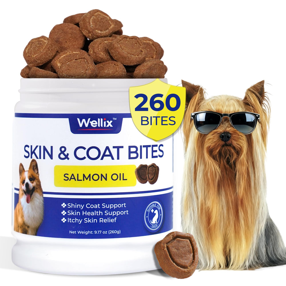 Wellix 260 bocados frasco frontal, apoyo al pelaje y piel del perro