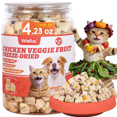 Wellix alimento seco deshidratado de pollo y verduras, ideal para presentación atractiva.