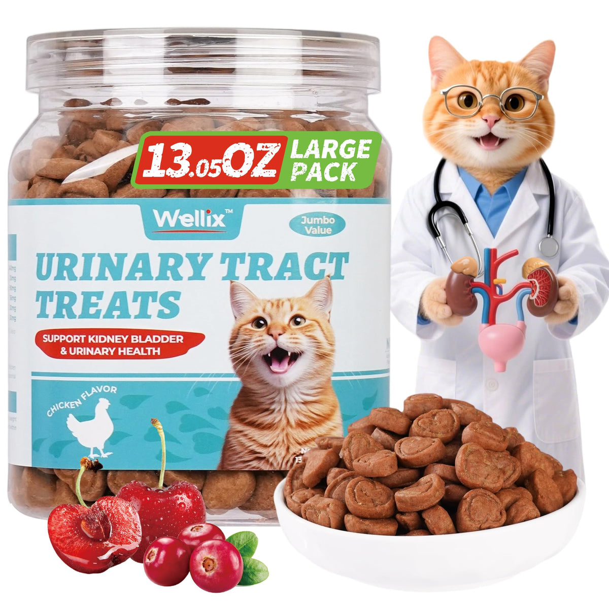 Wellix snacks para gatos sabor pollo crujiente, ideal como recompensa de entrenamiento.