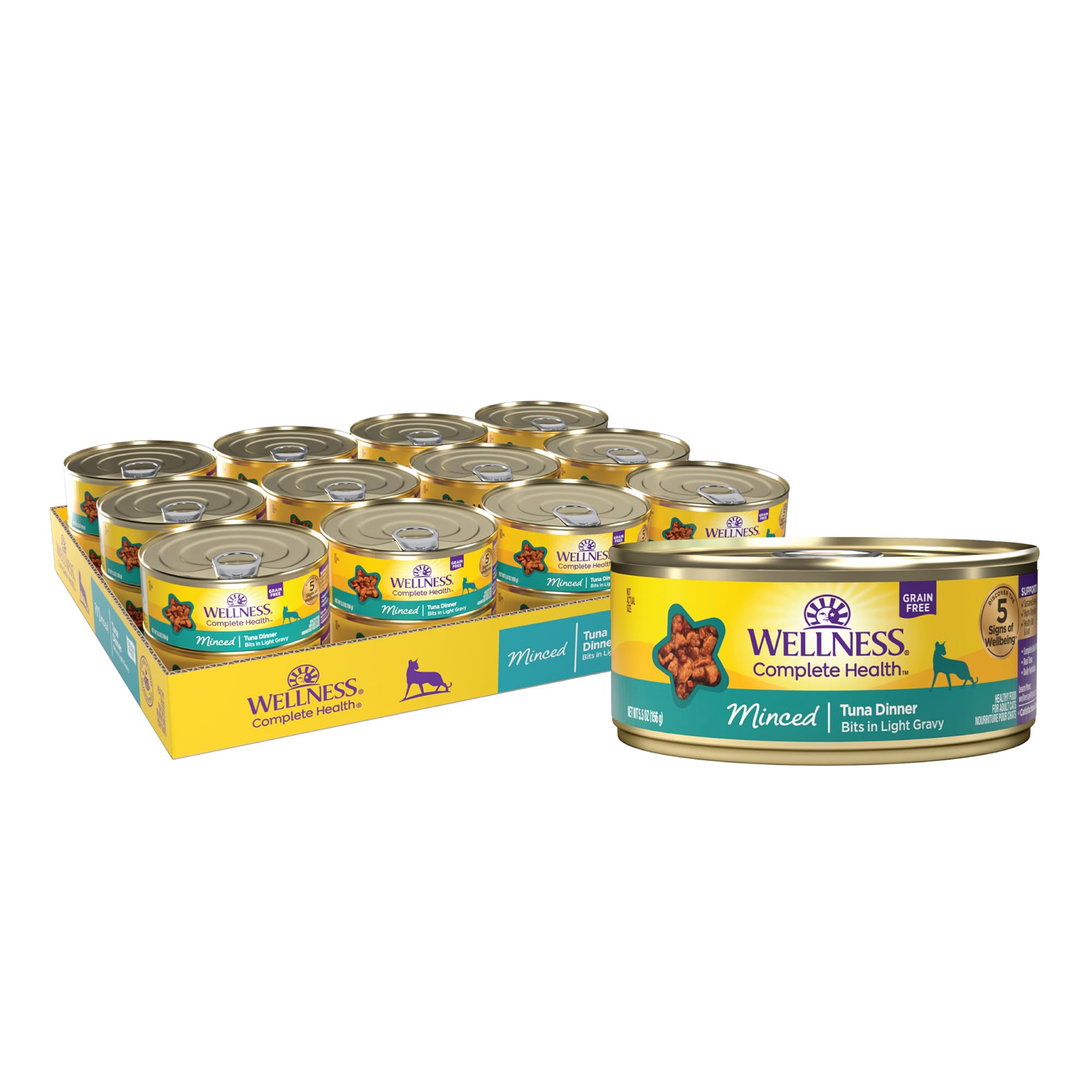Wellness atun-entree trozos en lata, fuente proteica para gatos.
