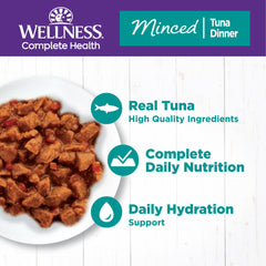 Wellness comida humeda para gatos, sin grano, apoyo nutricional diario.