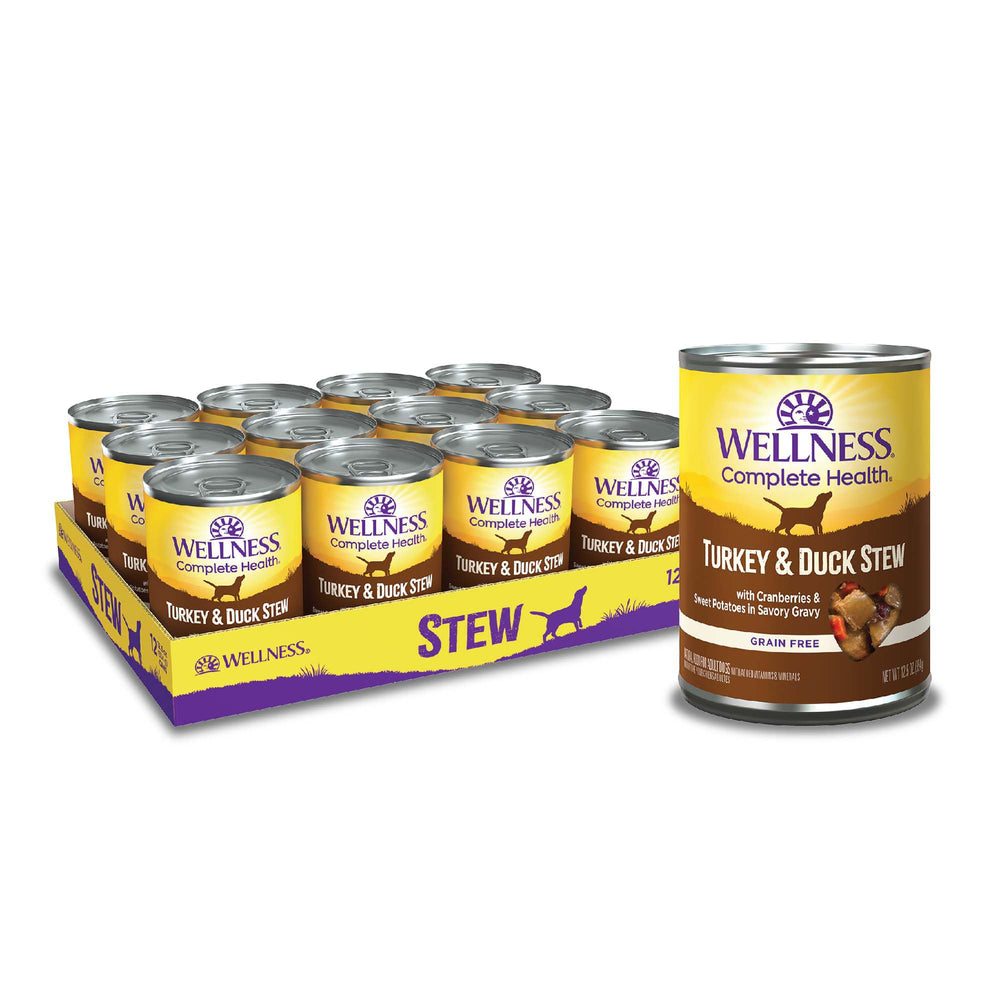 Wellness lata perro estofado pavo-pato, comida completa para el día a día.