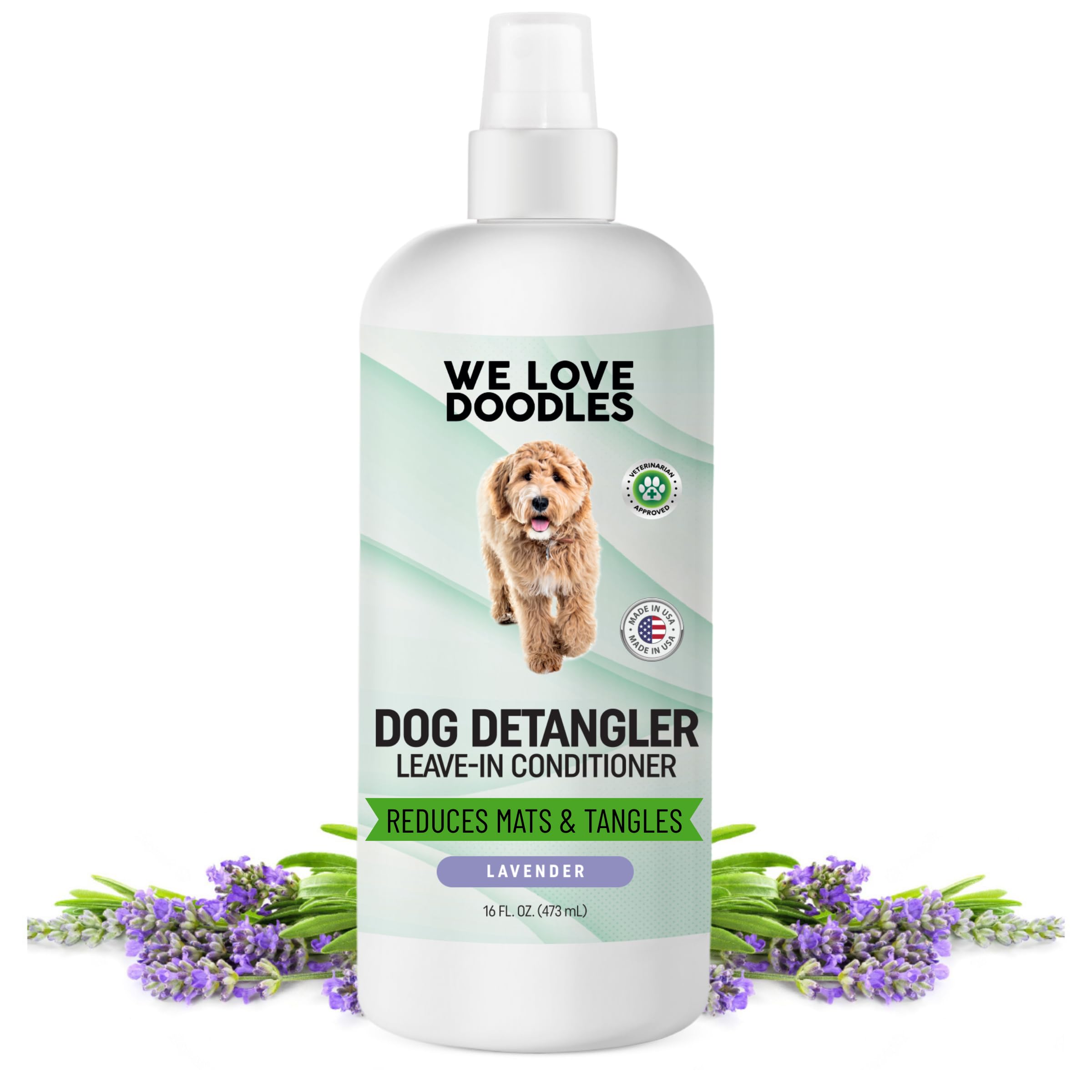 We Love Doodles Detangler Spray en bote lavanda para desenredar nudos y perfumar el pelaje.