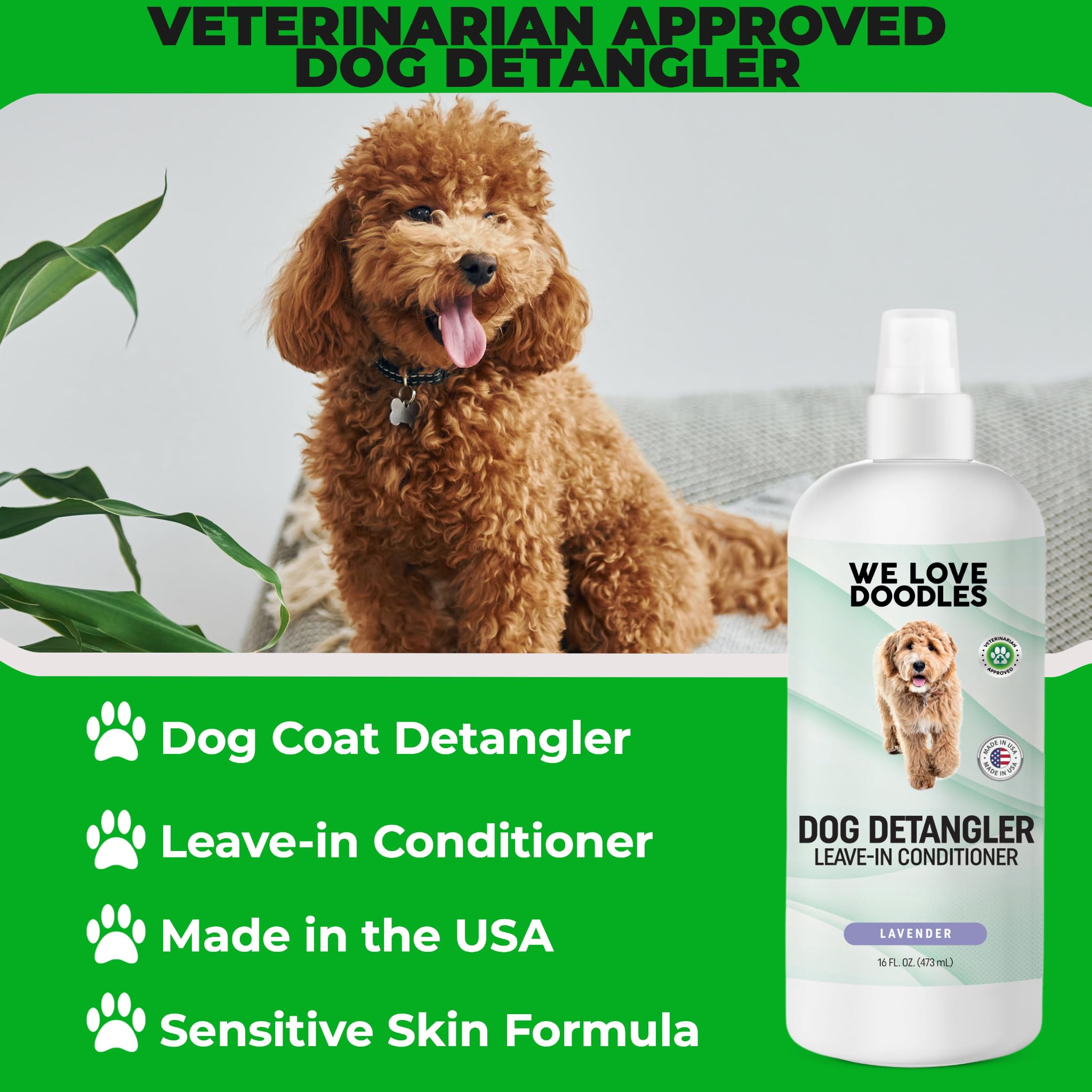 We Love Doodles Detangler Spray facilita cepillado suave para cualquier raza y edad.