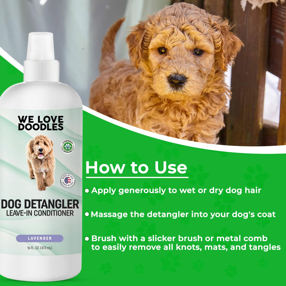 We Love Doodles acondicionador sin enjuague con lavanda para pelaje suave.