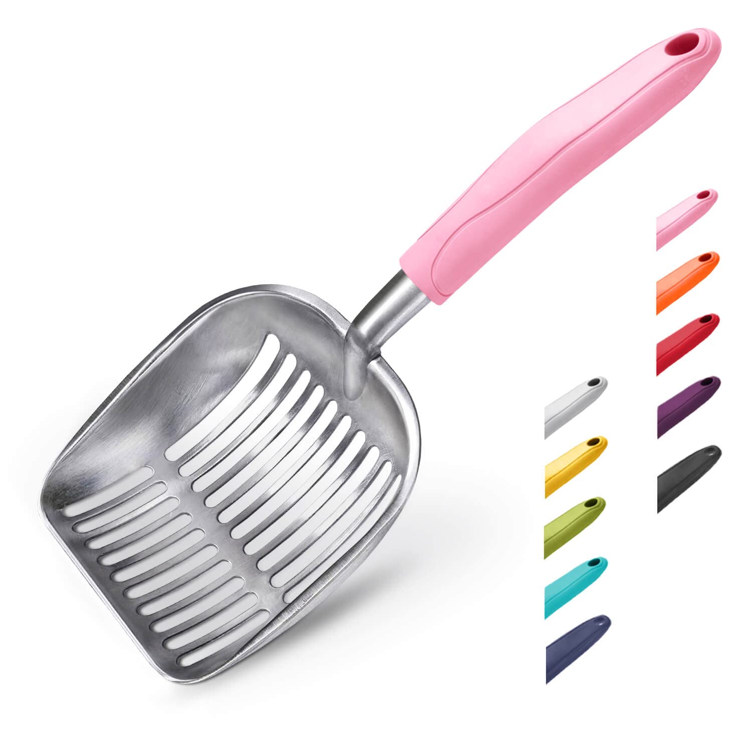 WePet colador arena gato, aluminio y mango rosado, cómodo para uso diario
