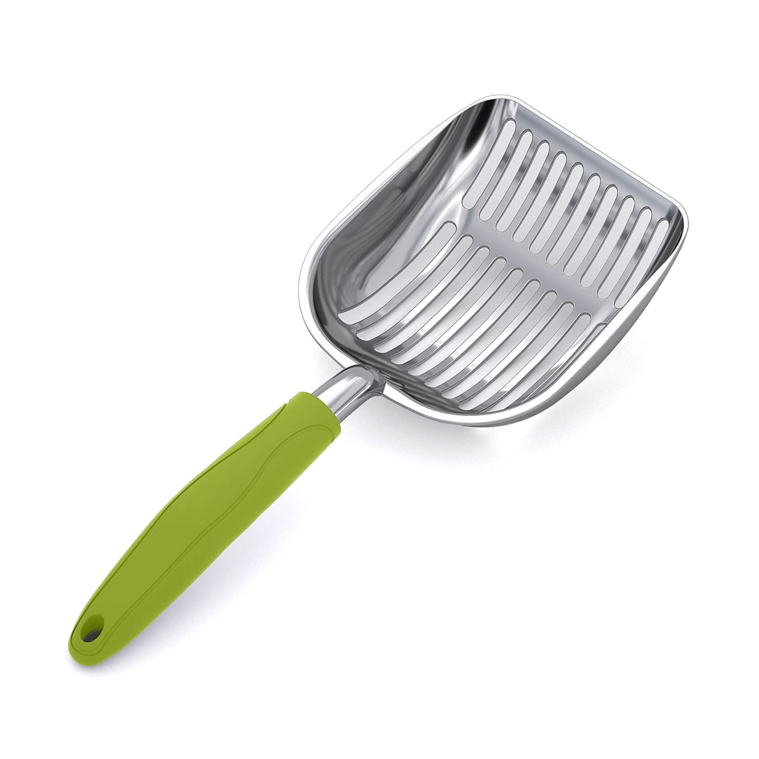 WePet cucharón para arena de gatos con aluminio pulido y mango verde, uso diario.