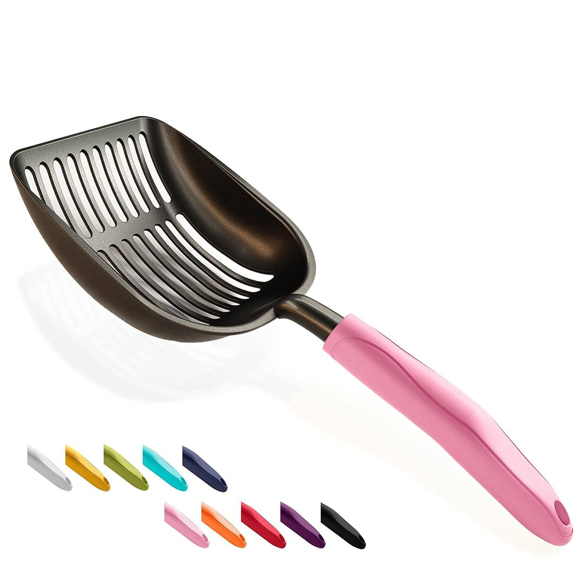 WePet recogedor de arena para gatos, cuerpo negro y mango rosa, facilita la limpieza diaria.