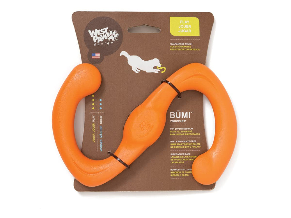 West Paw Zogoflex Bumi, juguete de tira para perros, promueve juego activo y ejercicio.