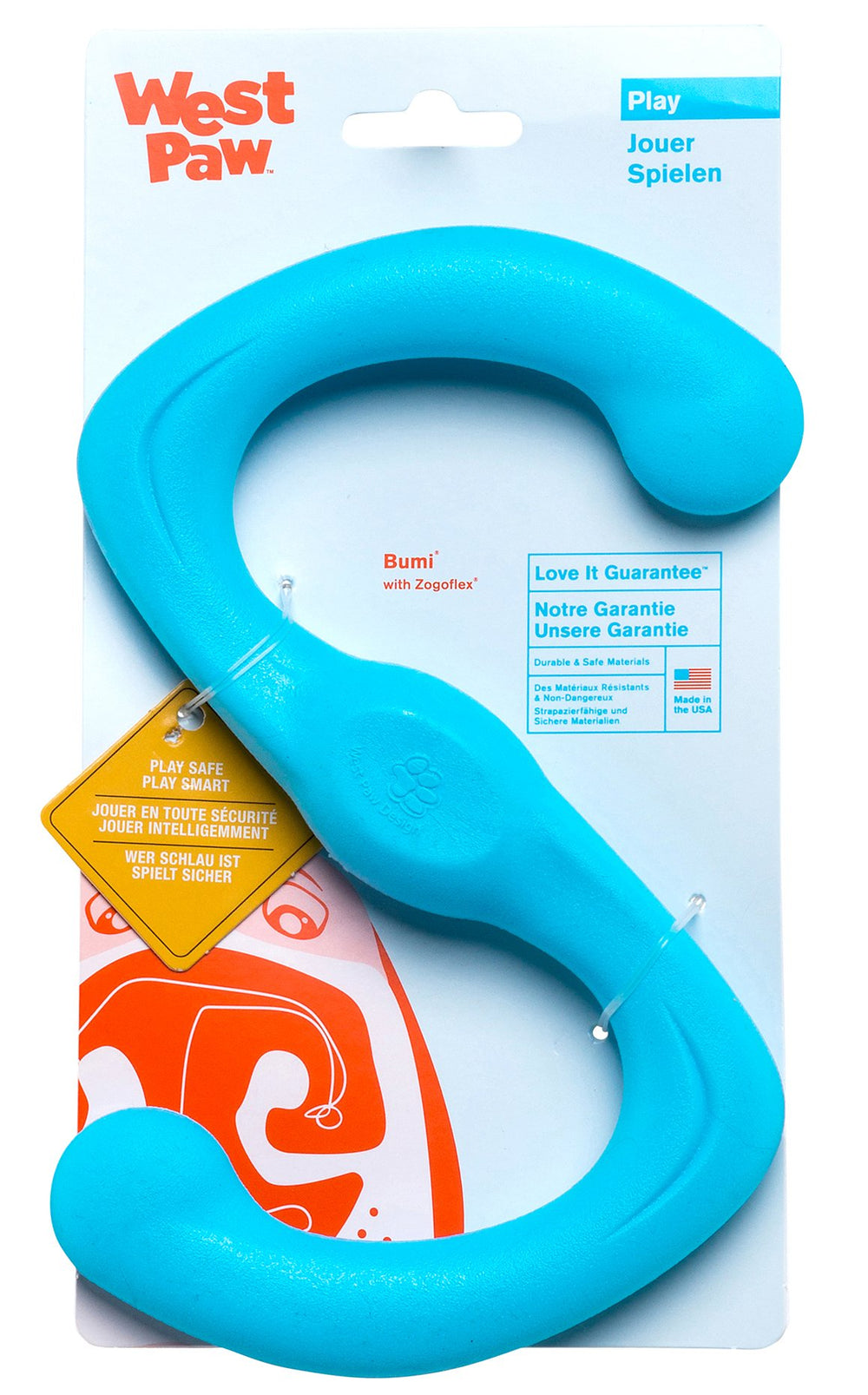 WEST PAW Zogoflex Bumi, juguete tira en forma S azul, ideal para juegos de recuperar.