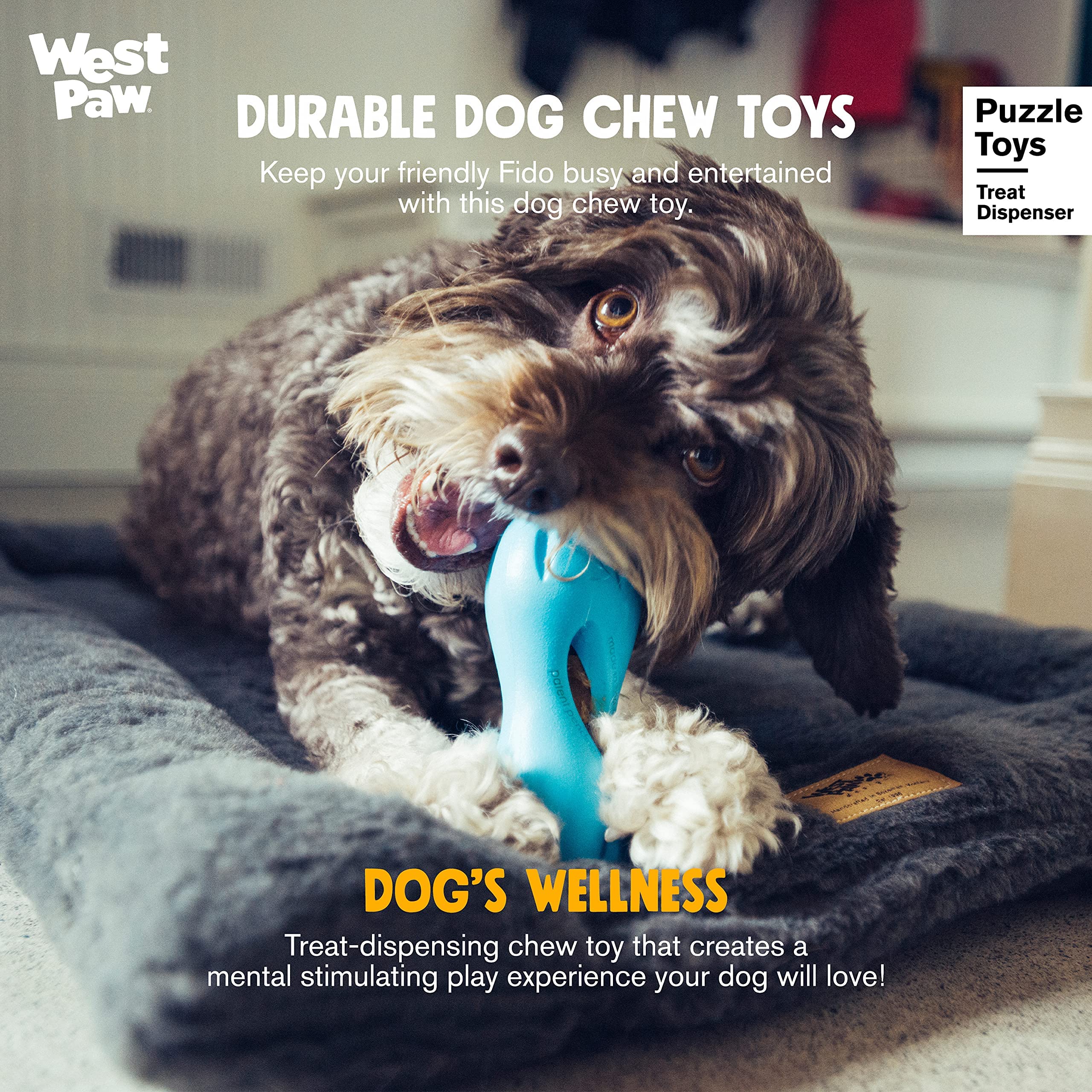 West Paw Zogoflex Qwizl, hecho en EE. UU., reciclable para opciones sostenibles.