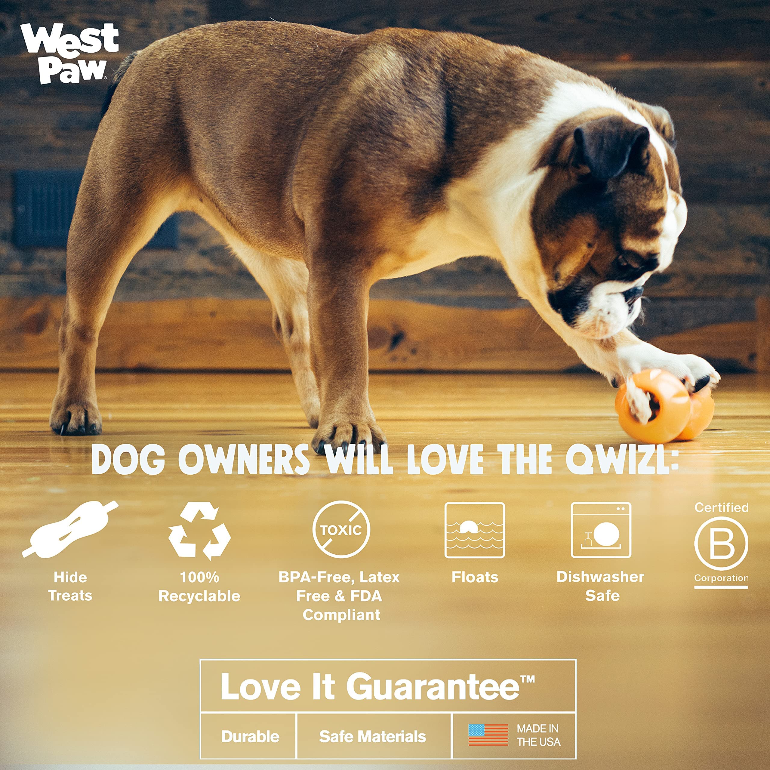 West Paw Zogoflex Qwizl hecho en Estados Unidos, seguro y duradero.