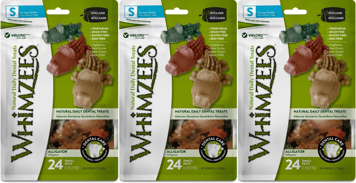 Whimzees Alligator dental chews en empaque 3-pack para cuidado dental diario.