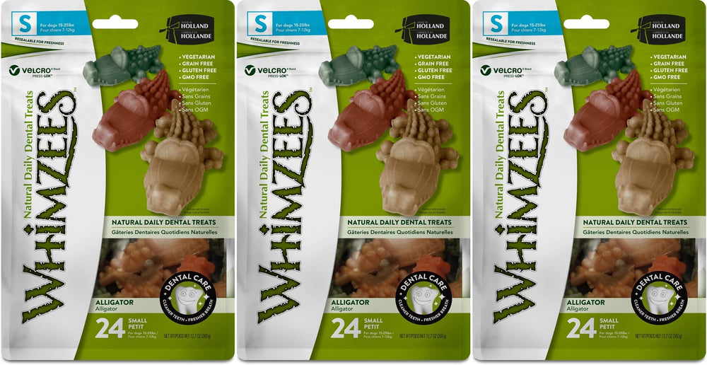 Whimzees Alligator dental chews en empaque 3-pack para cuidado dental diario.