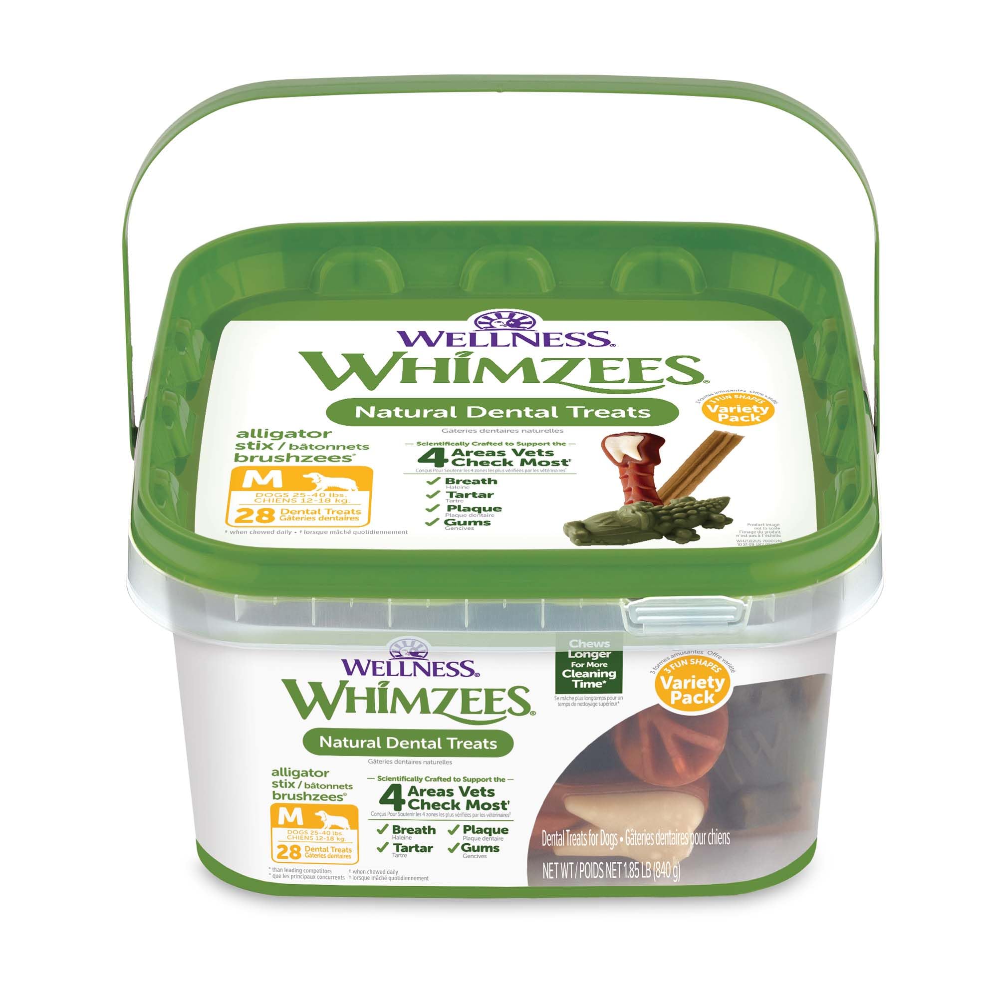 Whimzees bienestar, caja frontal, variedad de mordedores para uso diario.