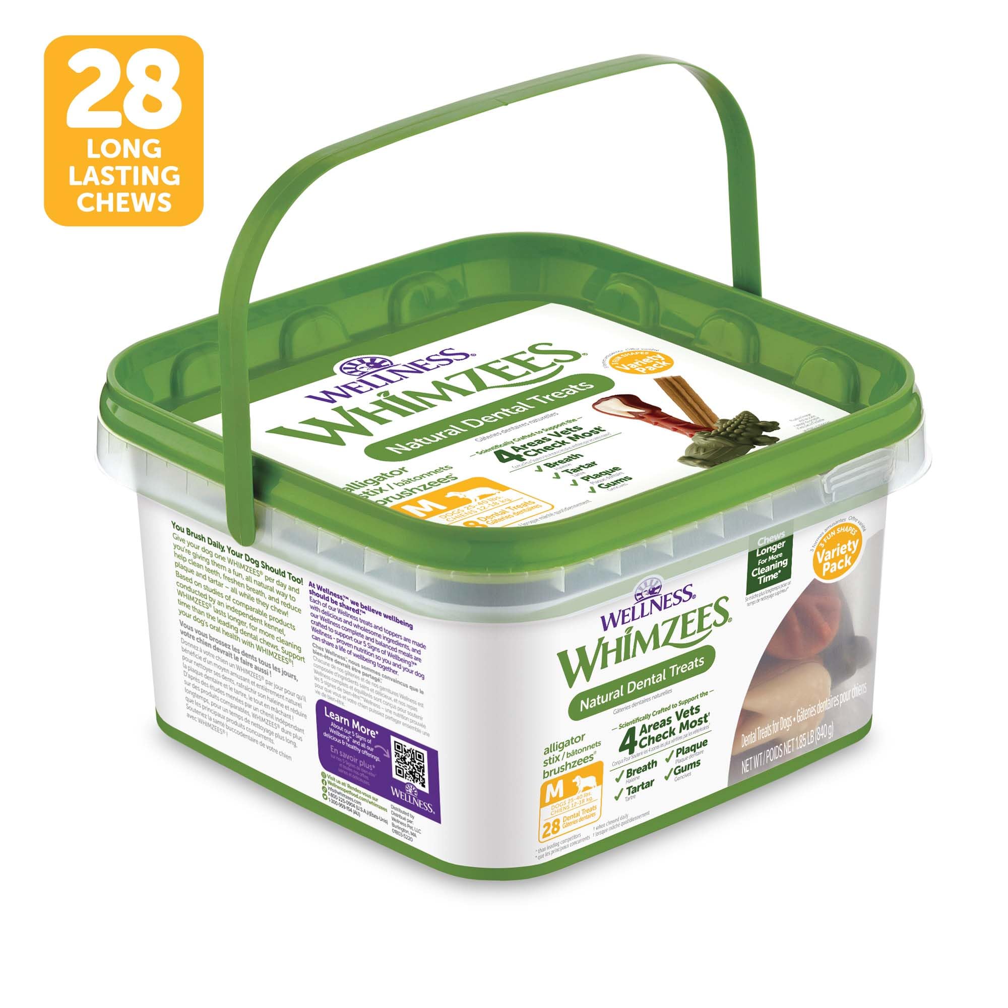 Whimzees bienestar, etiqueta nutricional visible, opción natural para recompensas diarias.