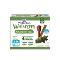 Whimzees Wellness Box con premios dentales para perros pequeños, promoviendo limpieza diaria.