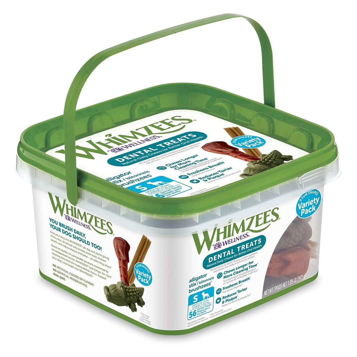 Whimzees premios dentales para perro pequeño, favorecen limpieza bucal y aliento fresco.