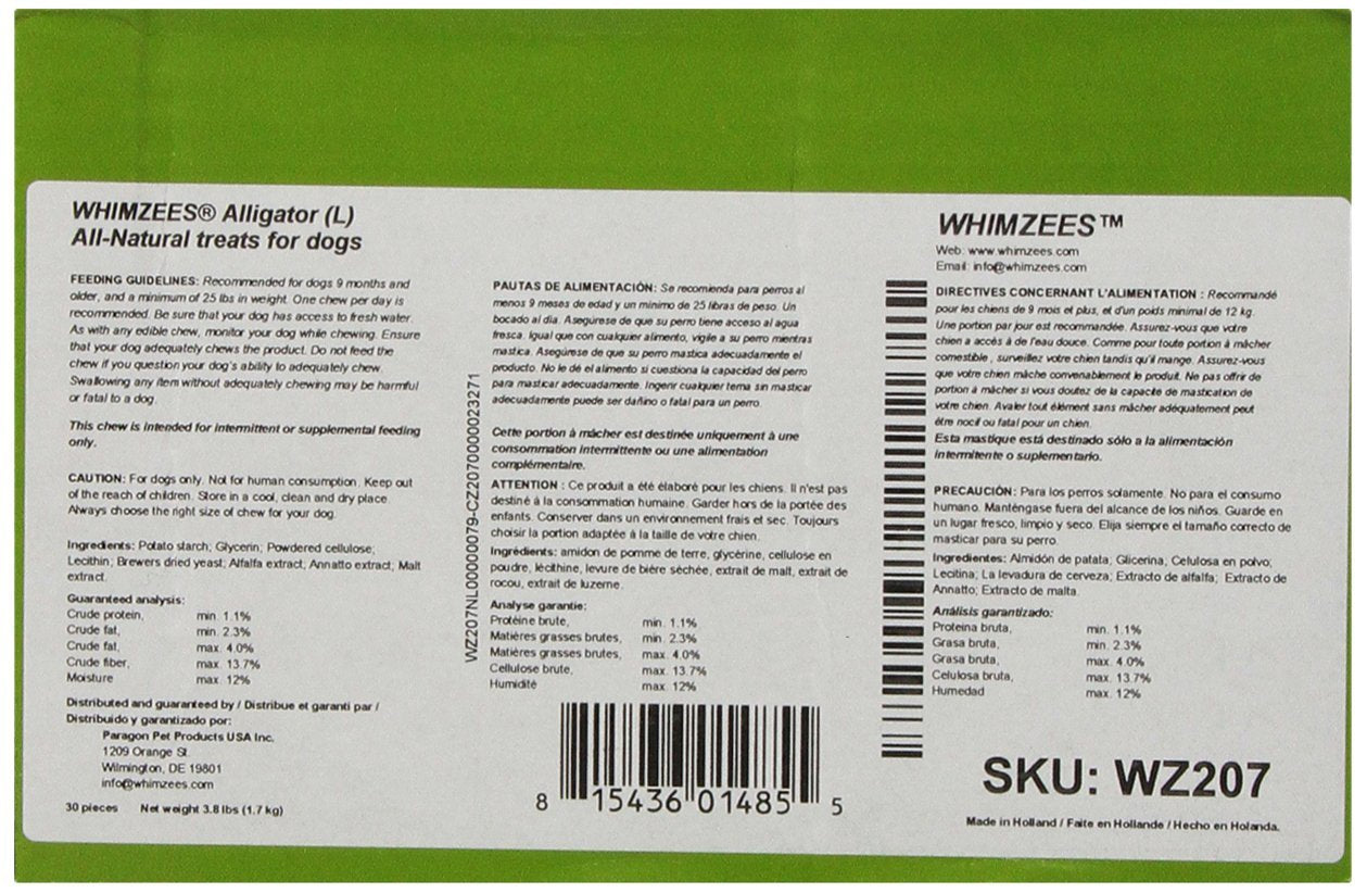 Whimzees Paragon Alligator masticación para perros grandes ayuda a mantener dientes limpios