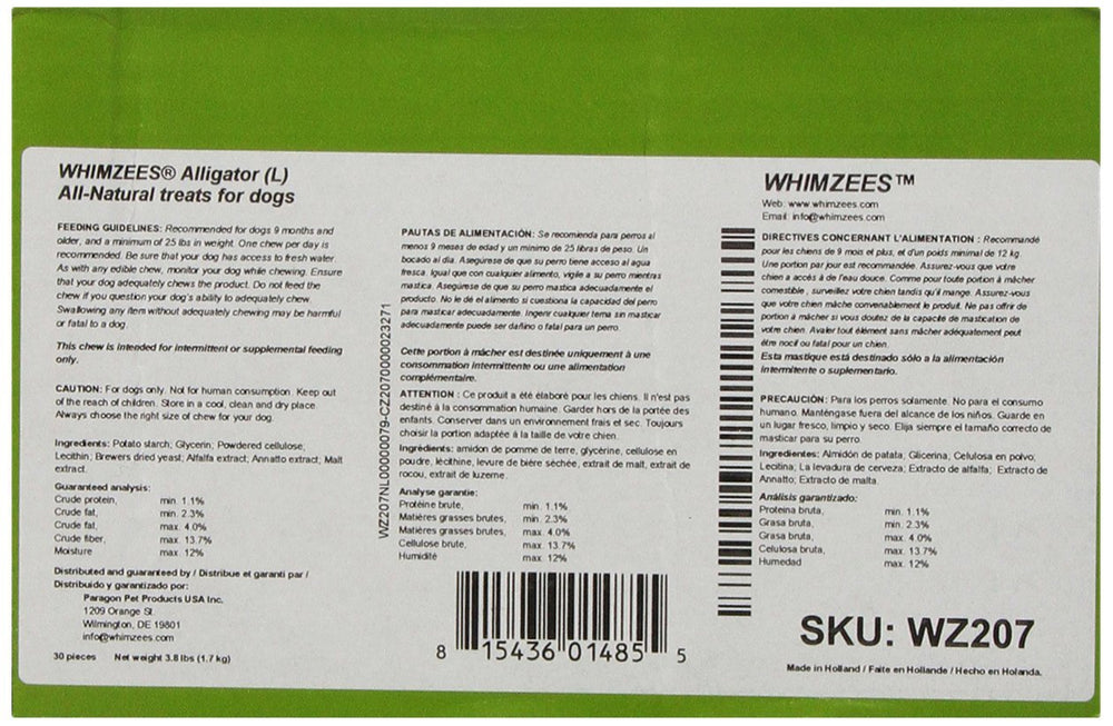 Whimzees Paragon Alligator masticación para perros grandes ayuda a mantener dientes limpios