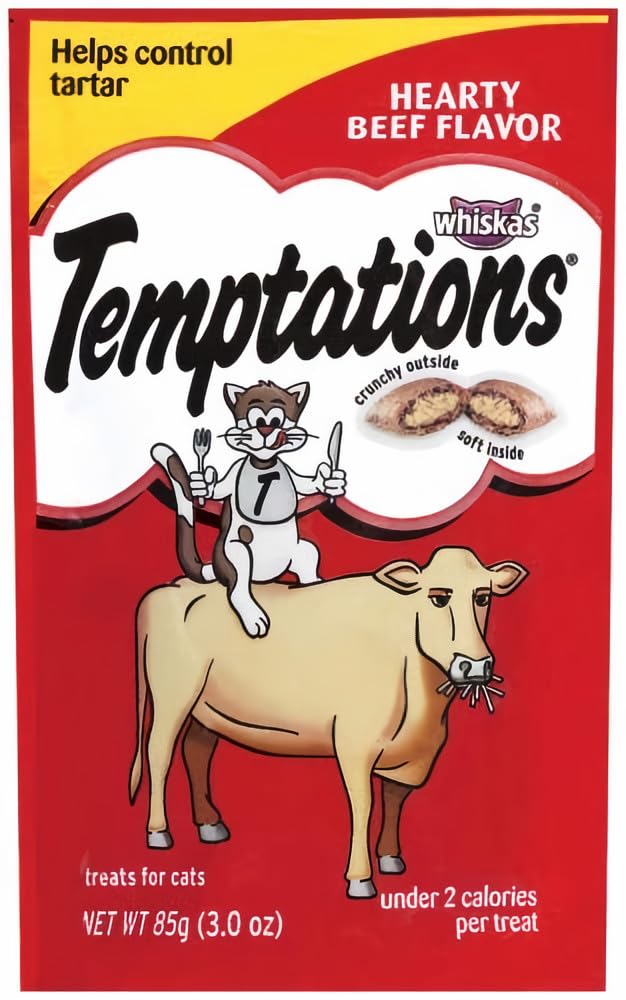 Whiskas Temptations Clásicas para Gatos sabor ternera, paquete de 4 bocaditos crujientes para premiar